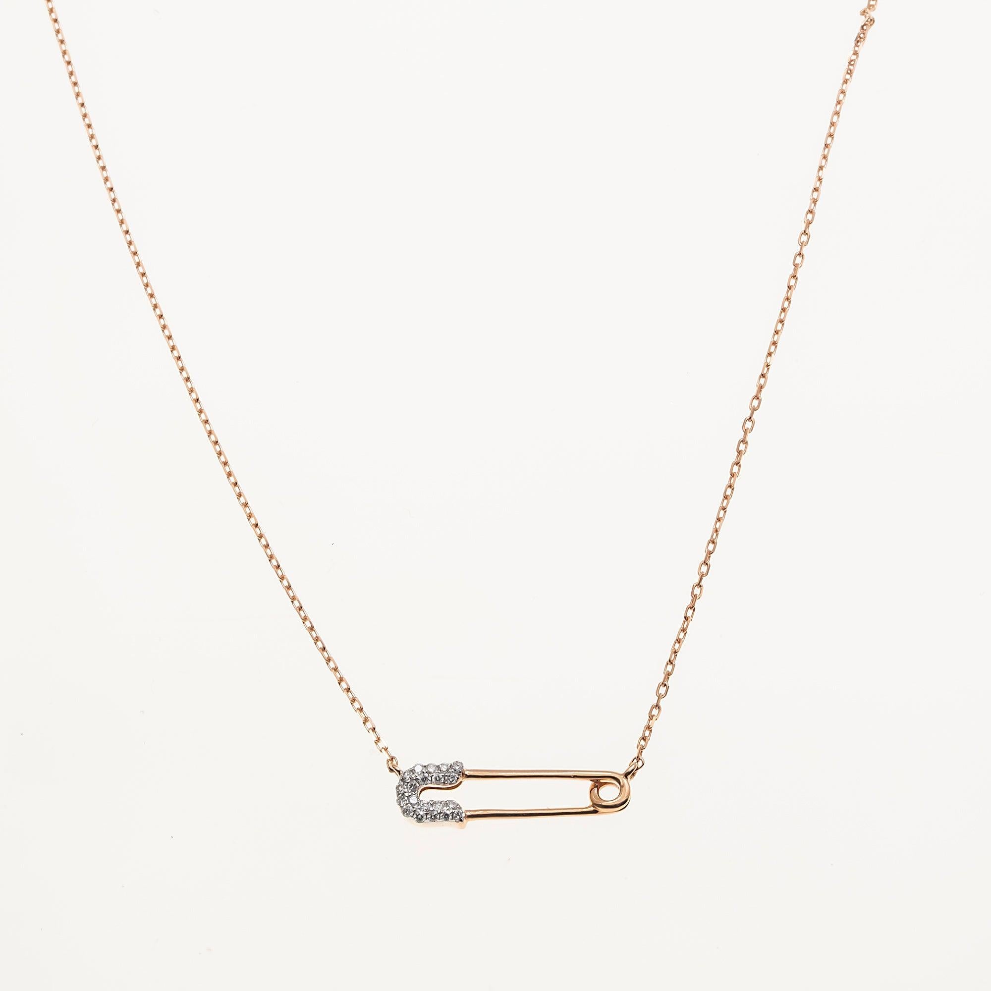 14K GOLD DIAMOND SAFETY PIN NECKLACE 0.10 CT