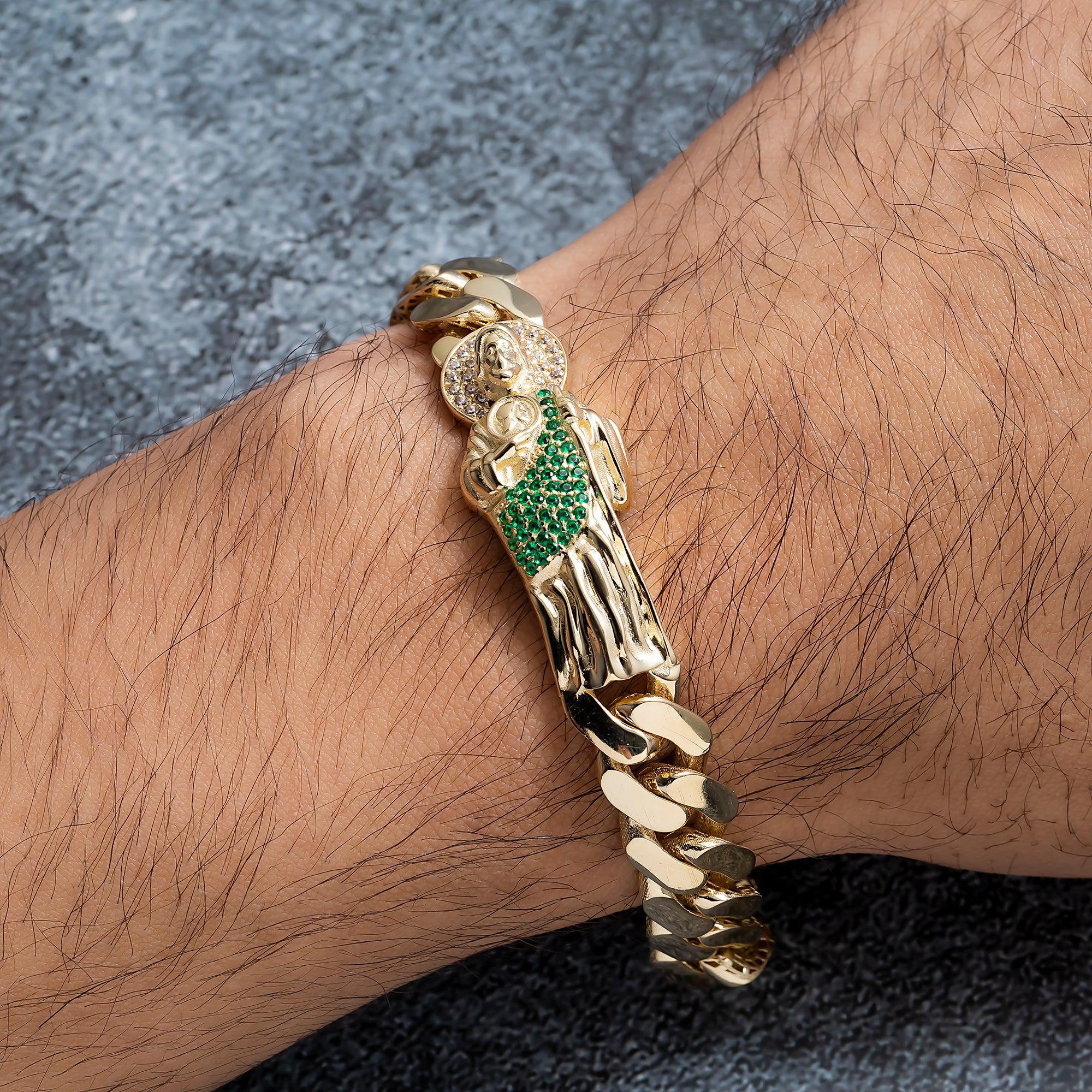 14K GOLD DIAMOND AND GREEN GEMSTONE ST. JUDE CUBAN LINK BRACELET 24.1G