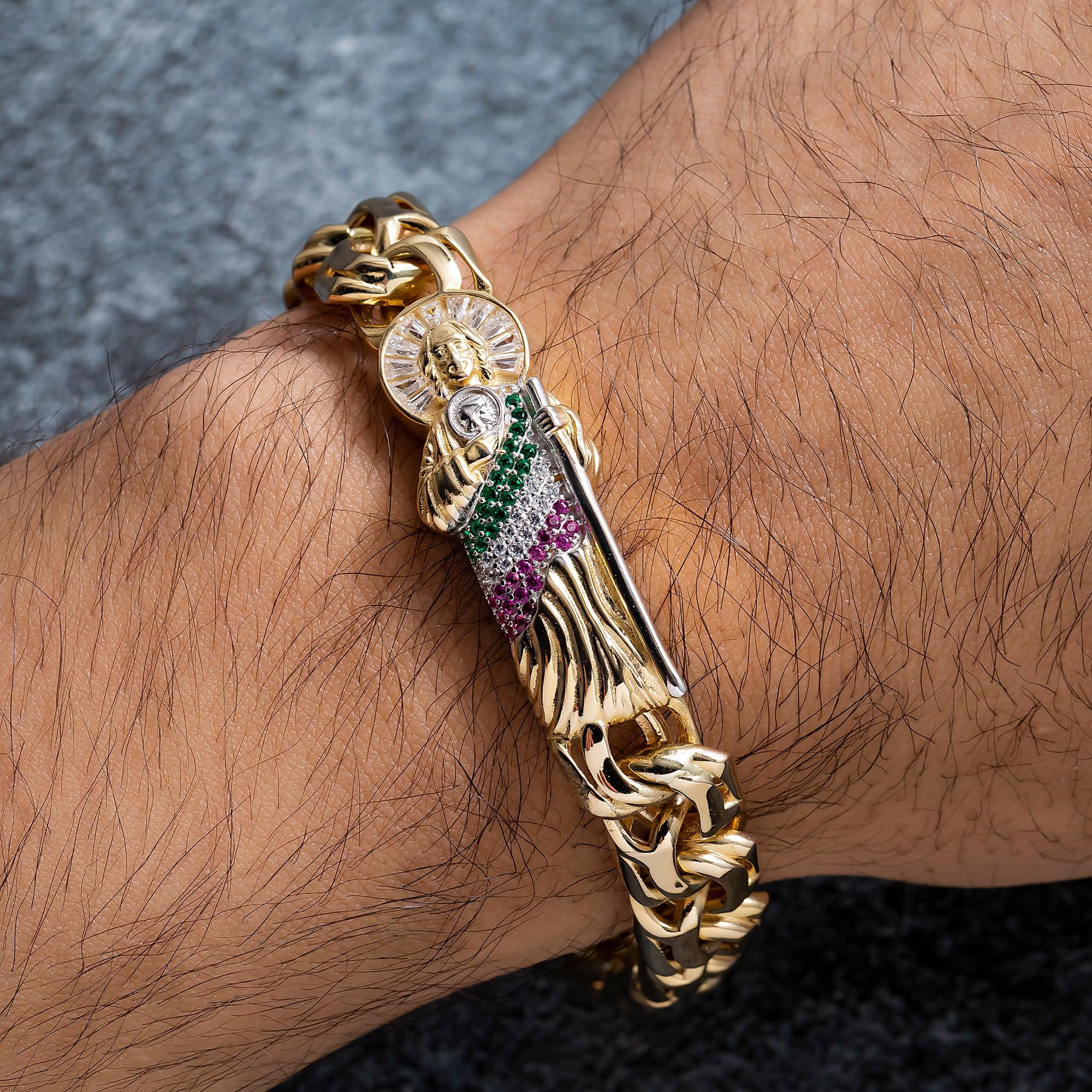 14K GOLD DIAMOND AND GEMSTONES ST. JUDE CHINO LINK CHAIN BRACELET 34.3G