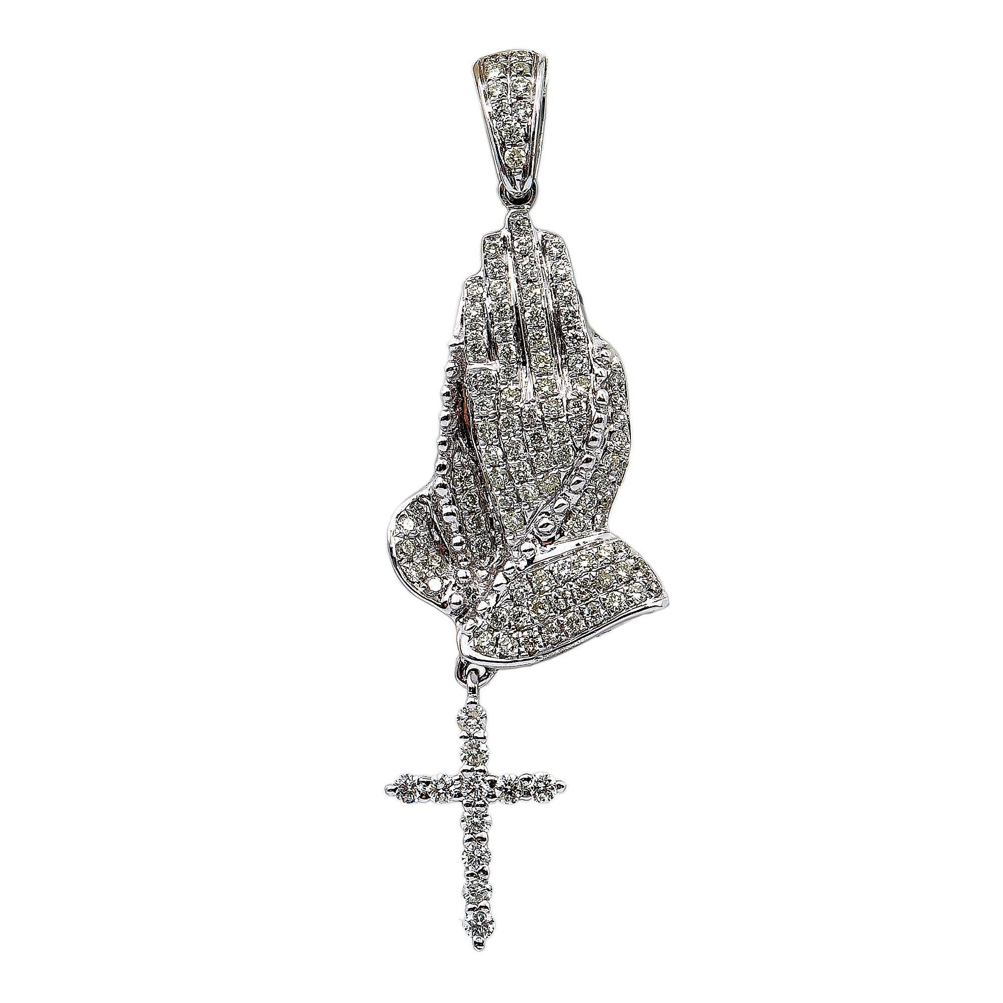 14K White Gold Diamond Praying Hands Shaped Pendant