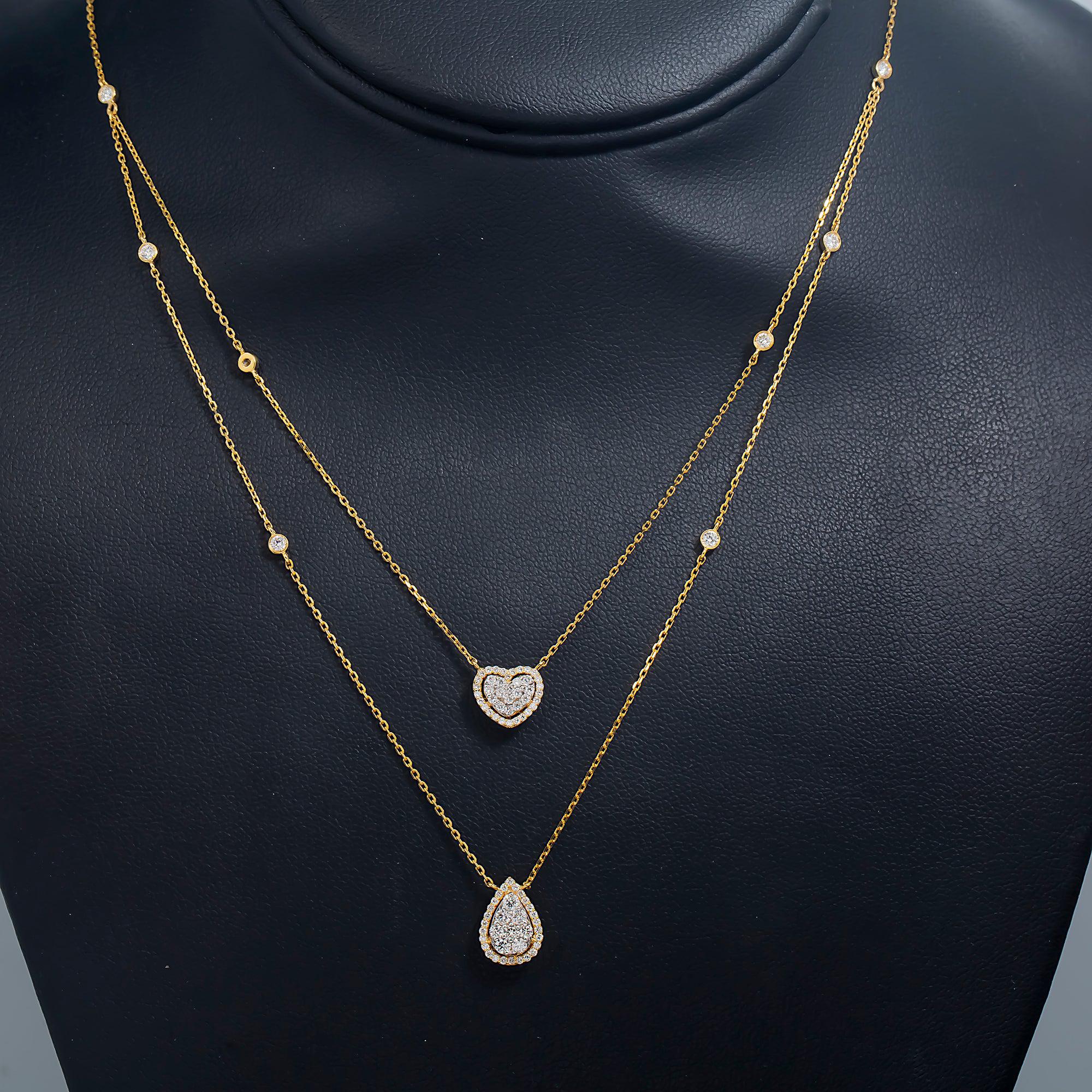 14K GOLD CLUSTER DIAMOND HEART AND PEAR SHAPE NECKLACE 0.90 CT