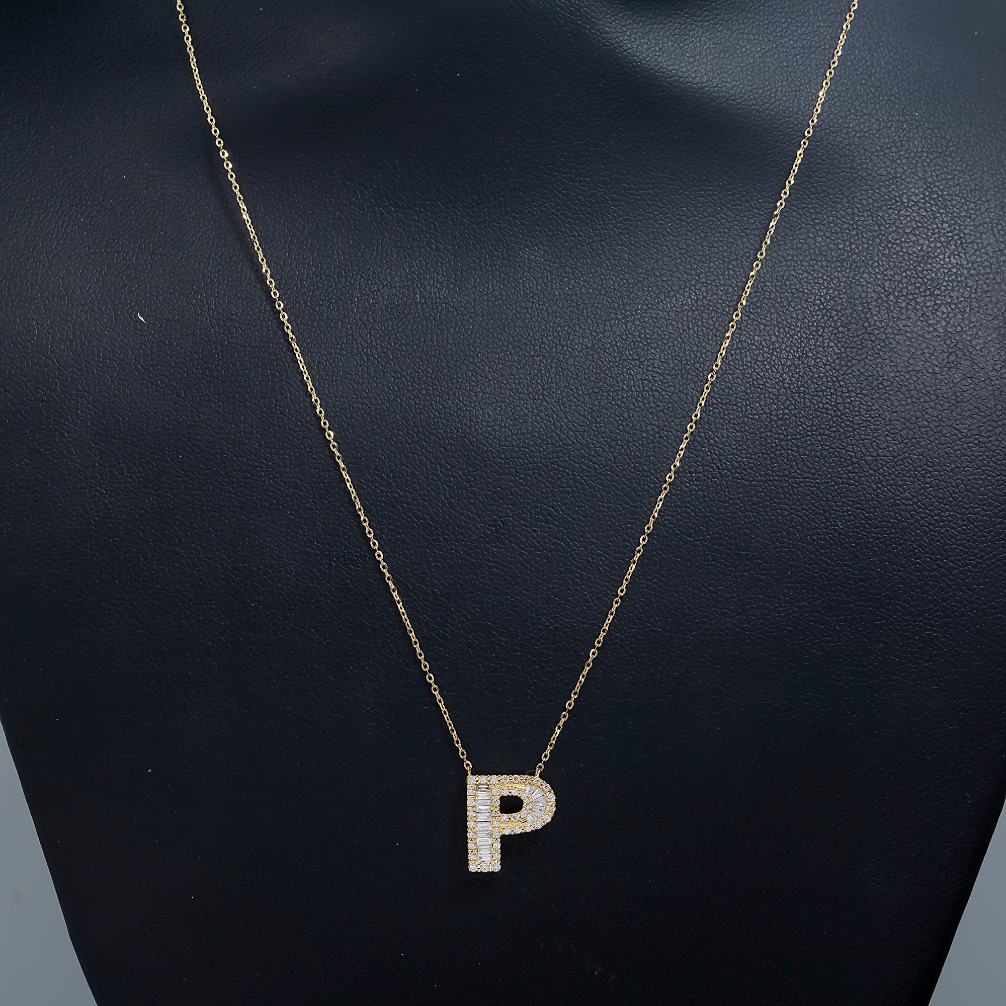 14K GOLD BAGUETTE DIAMOND INITIAL P NECKLACE 0.40 CT