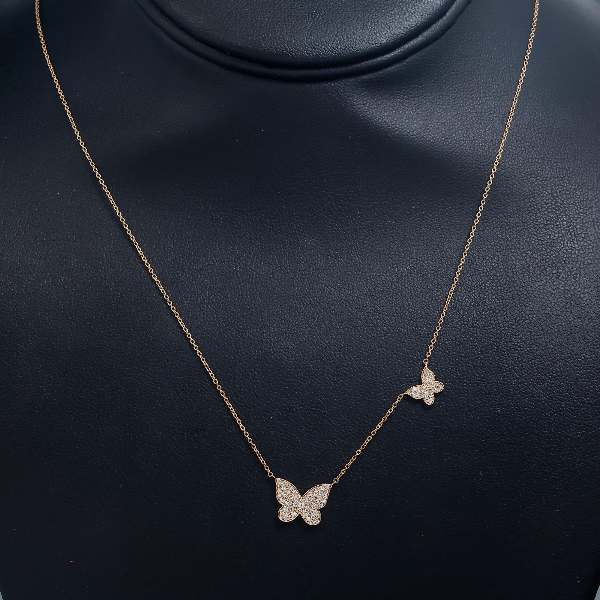 14K GOLD DIAMOND DOUBLE BUTTERFLY NECKLACE 0.40 CT