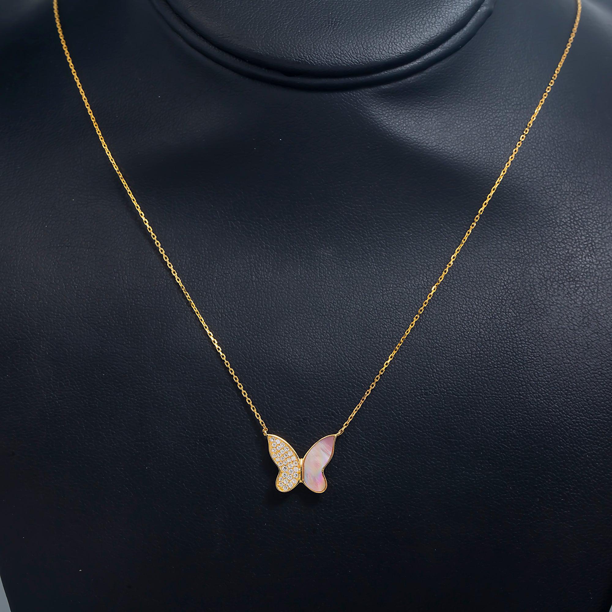 14K GOLD DIAMOND BUTTERFLY MOTHER OF PEARL NECKLACE 0.20 CT