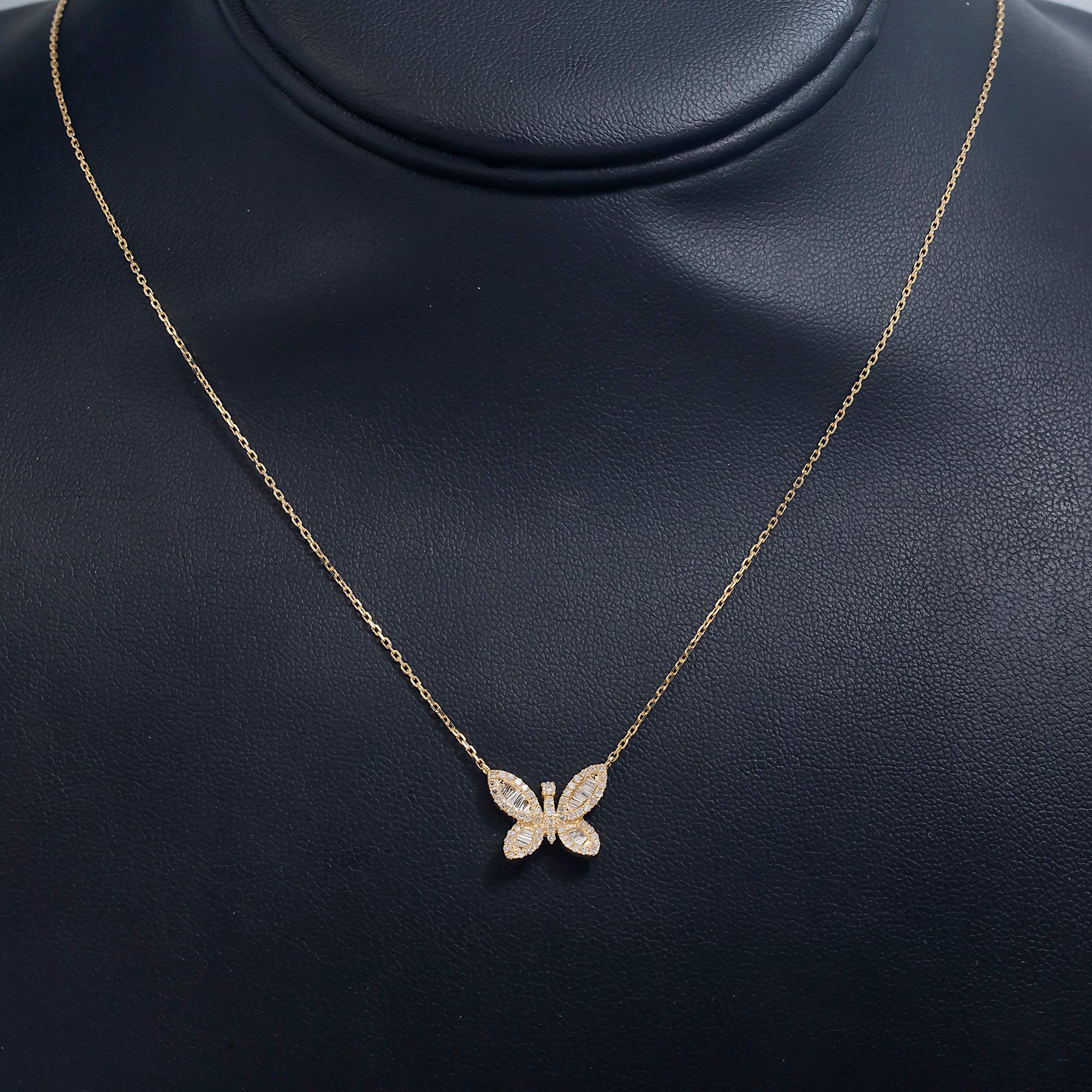 14K GOLD BAGUETTE DIAMOND BUTTERFLY NECKLACE 0.40 CT