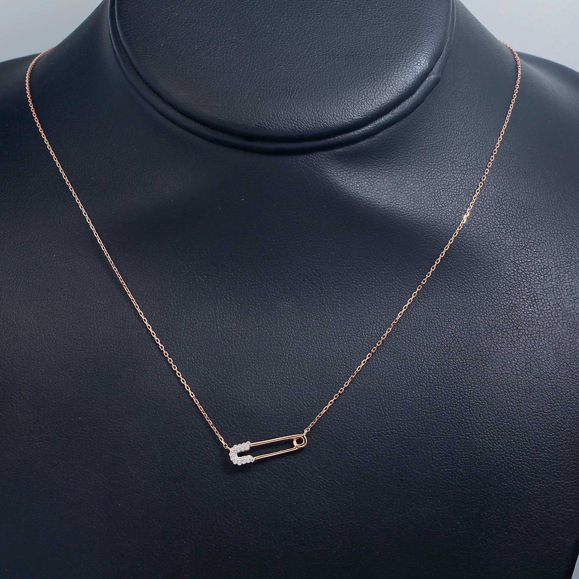 14K GOLD DIAMOND SAFETY PIN NECKLACE 0.10 CT