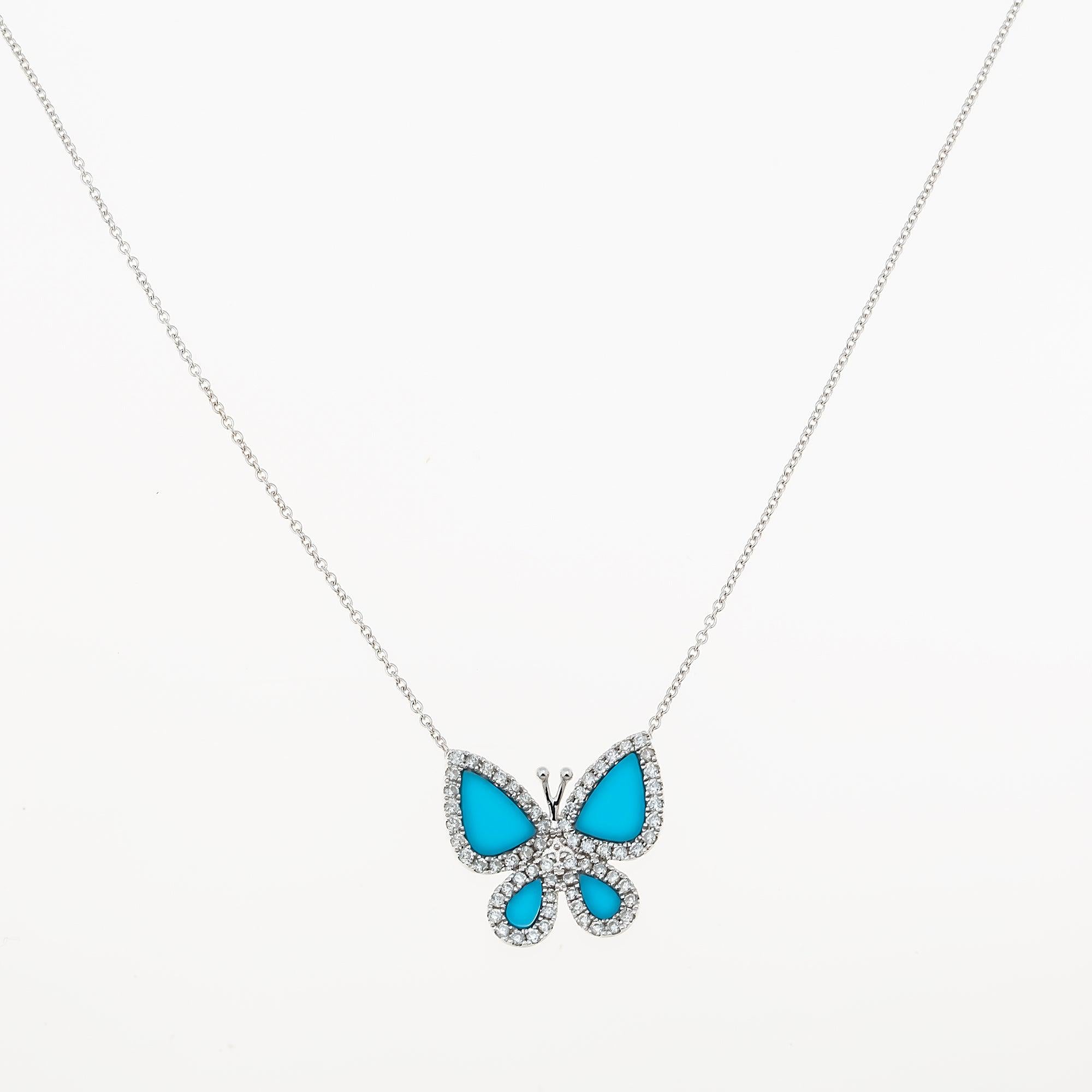 14K GOLD DIAMOND BUTTERFLY WITH TURQUOISE NECKLACE 0.62 CTW
