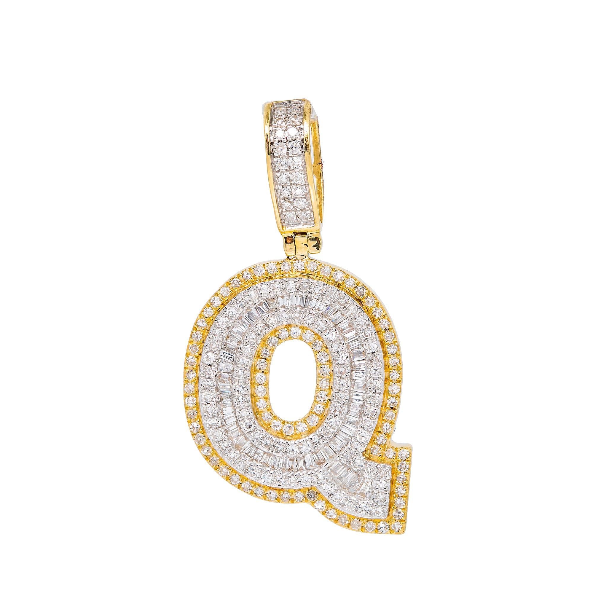 14K YELLOW GOLD BAGUETTE DIAMOND LETTER Q INITIAL PENDANT 0.75 CT