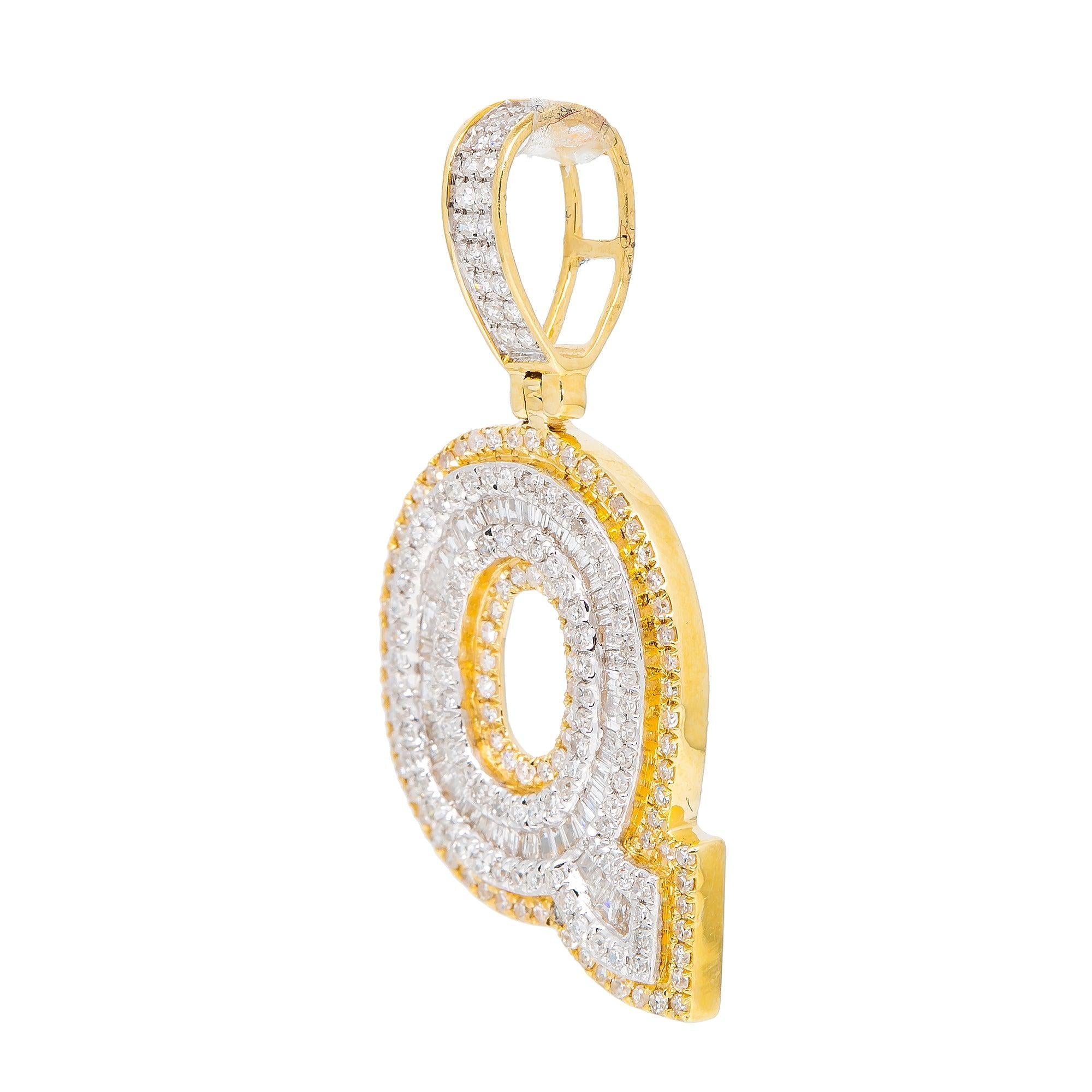 14K YELLOW GOLD BAGUETTE DIAMOND LETTER Q INITIAL PENDANT 0.75 CT