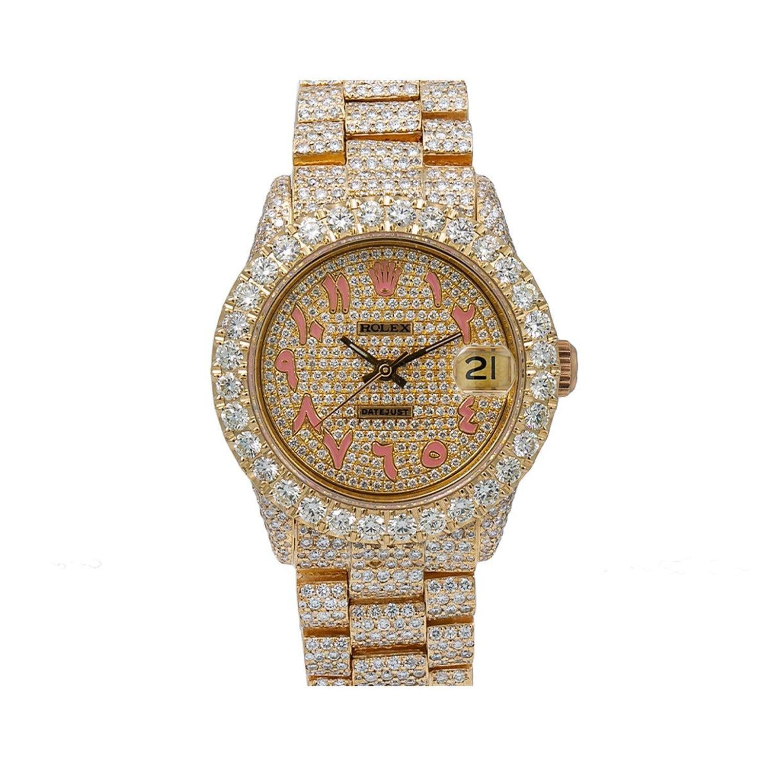 Rolex Datejust 31MM 68278 Diamond Paved Eastern Arabic Dial Diamond Bezel 18K Yellow Gold Full Diamond President Bracelet 12.25ct