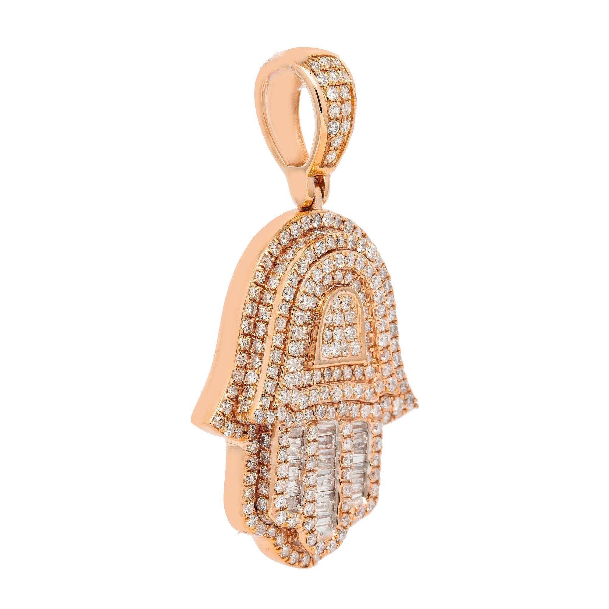 14K GOLD BAGUETTE DIAMOND HAMSA PENDANT 2.65 CT