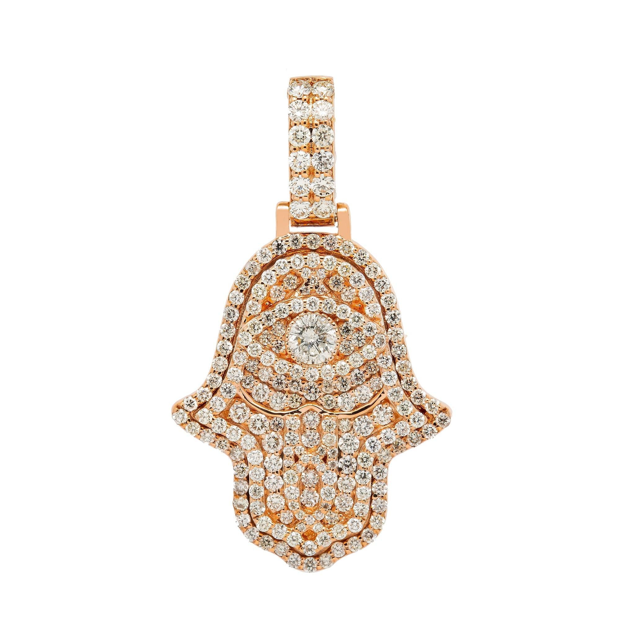 14K GOLD DIAMOND 3D HAMSA PENDANT 1.60 CT ROUND CUT CENTER