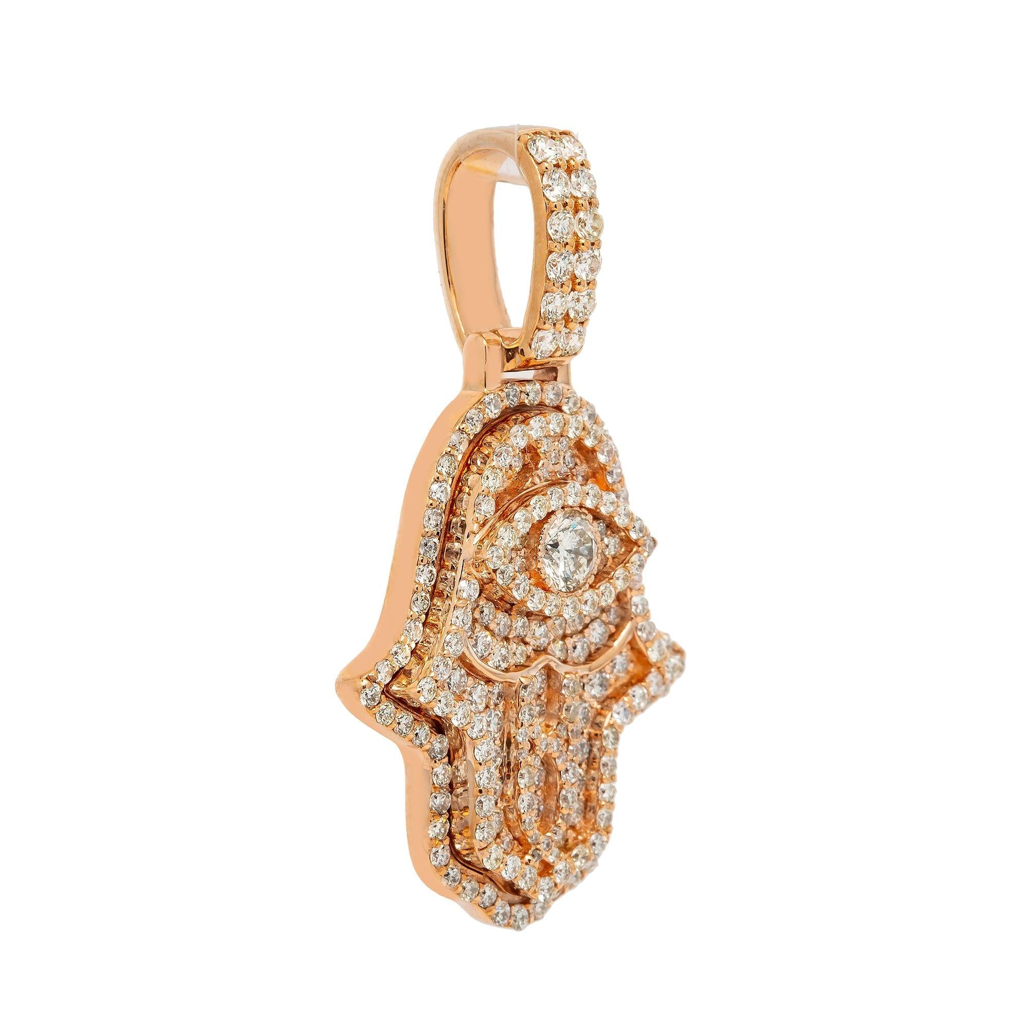 14K GOLD DIAMOND 3D HAMSA PENDANT 1.60 CT ROUND CUT CENTER