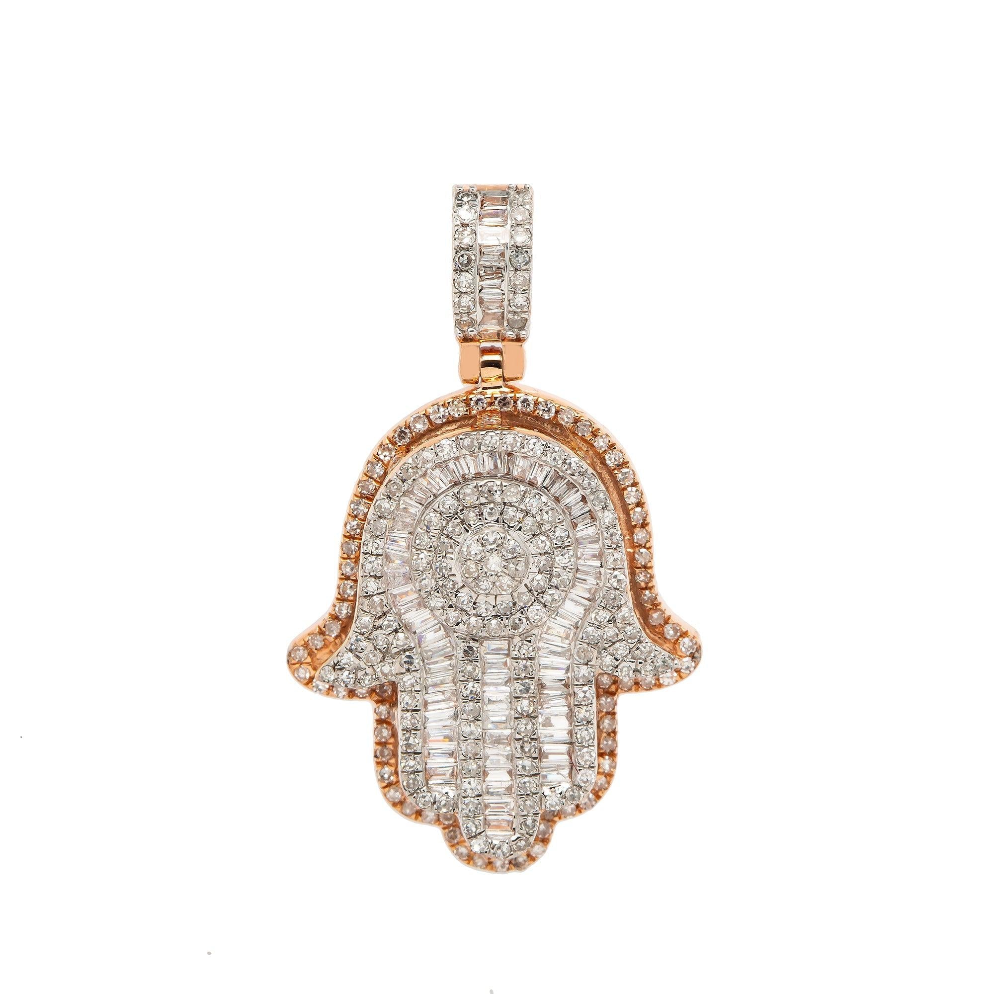 14K GOLD ROUND CLUSTER HAMSA PENDANT 1 CT BAGUETTE DIAMOND FINGERS