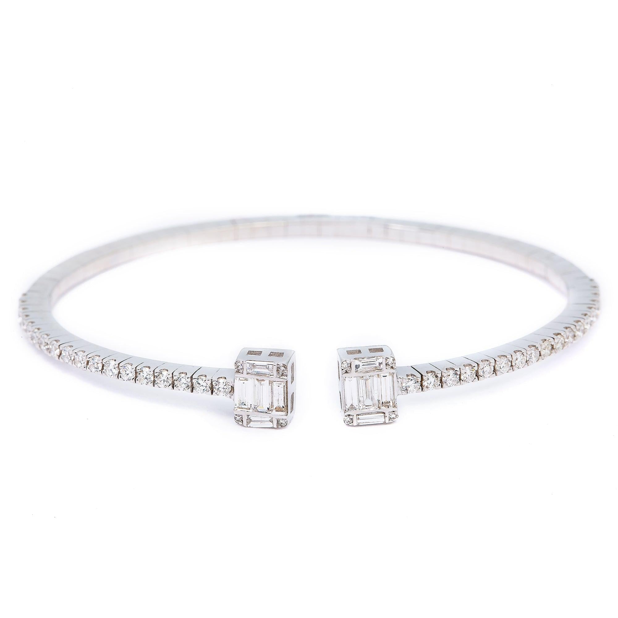 14K WHITE GOLD BANGLE BRACELET WITH 1.70 CT BAGUETTE DIAMONDS