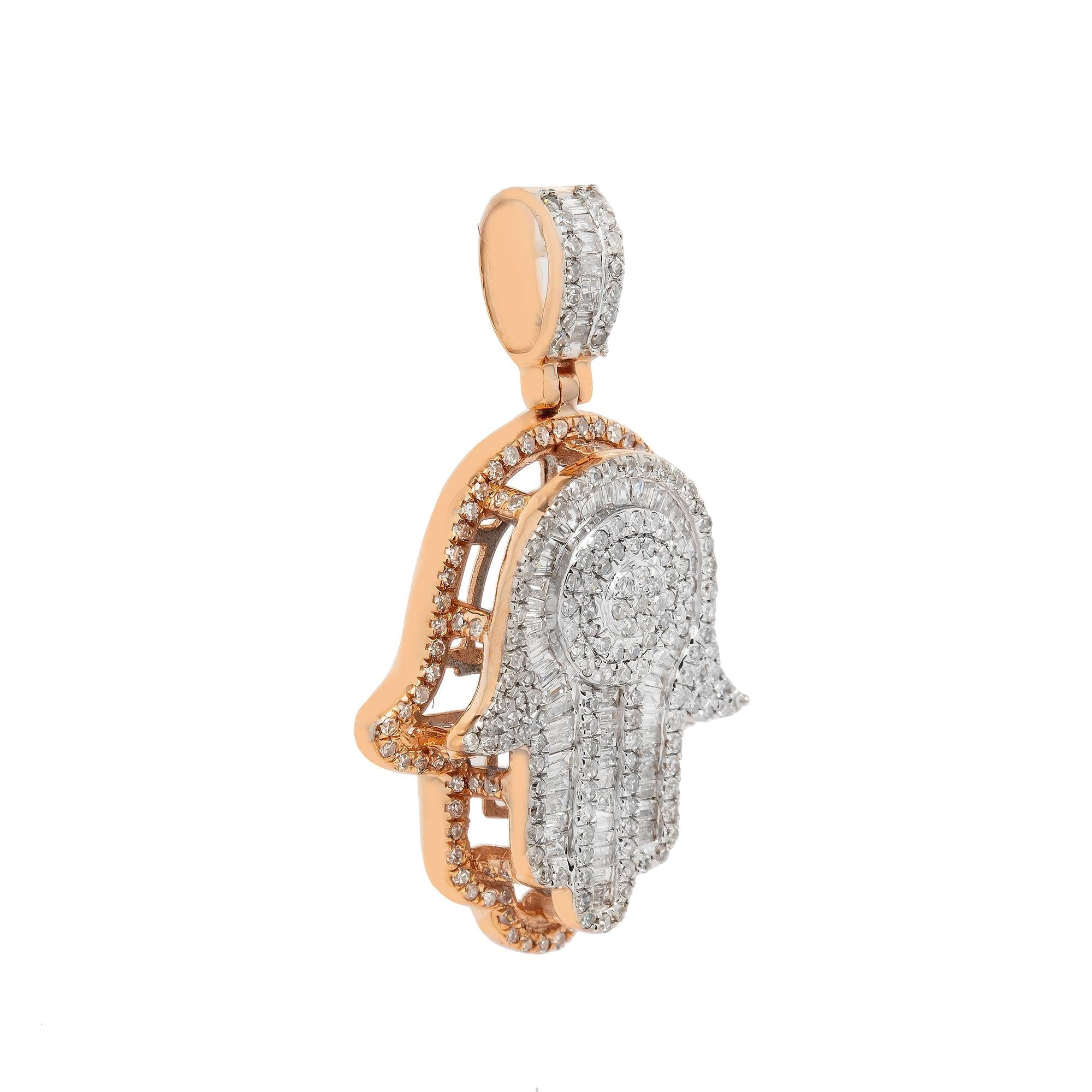 14K GOLD ROUND CLUSTER HAMSA PENDANT 1 CT BAGUETTE DIAMOND FINGERS