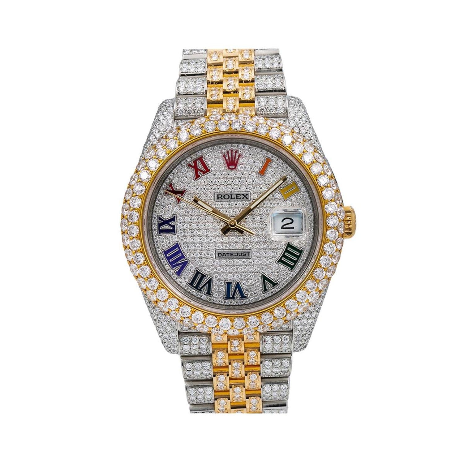 Rolex Datejust 41MM 126303 Diamond Paved Rainbow Roman Dial Diamond Bezel Two Tone Full Diamond Jubilee Bracelet