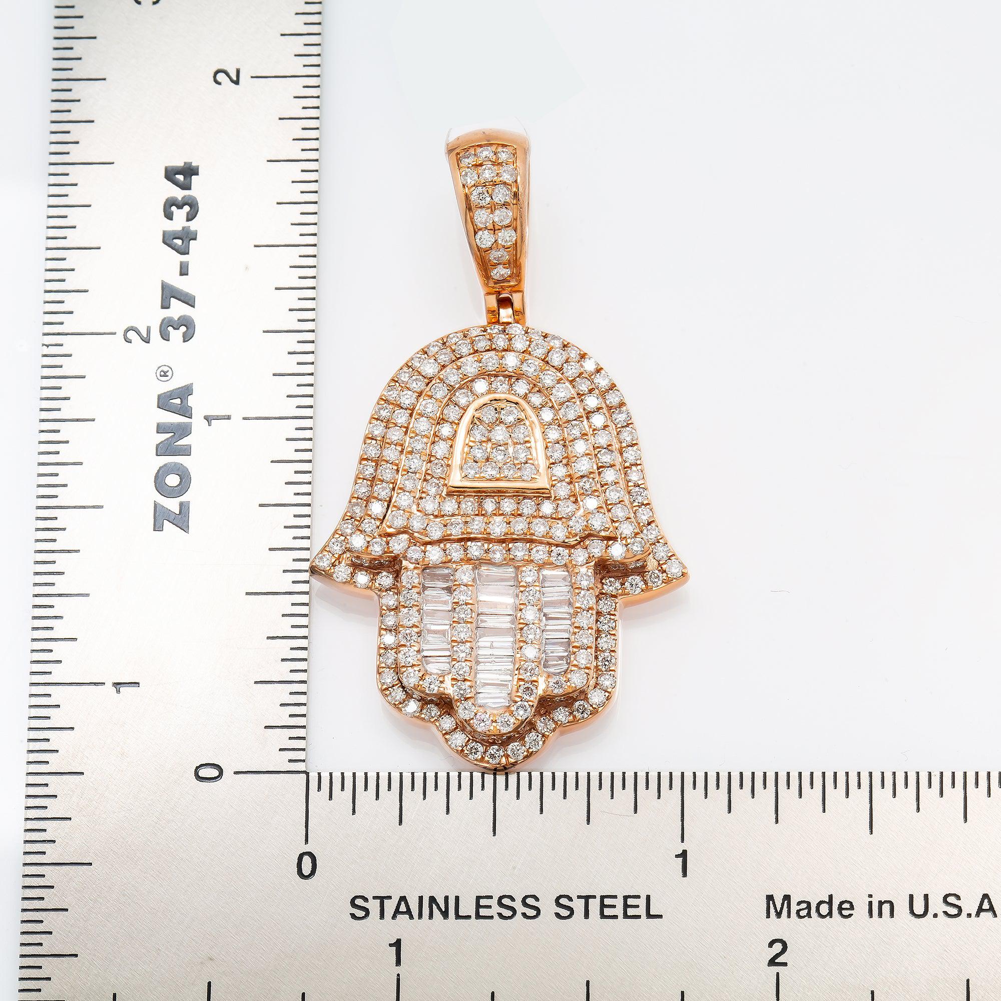 14K GOLD BAGUETTE DIAMOND HAMSA PENDANT 2.65 CT