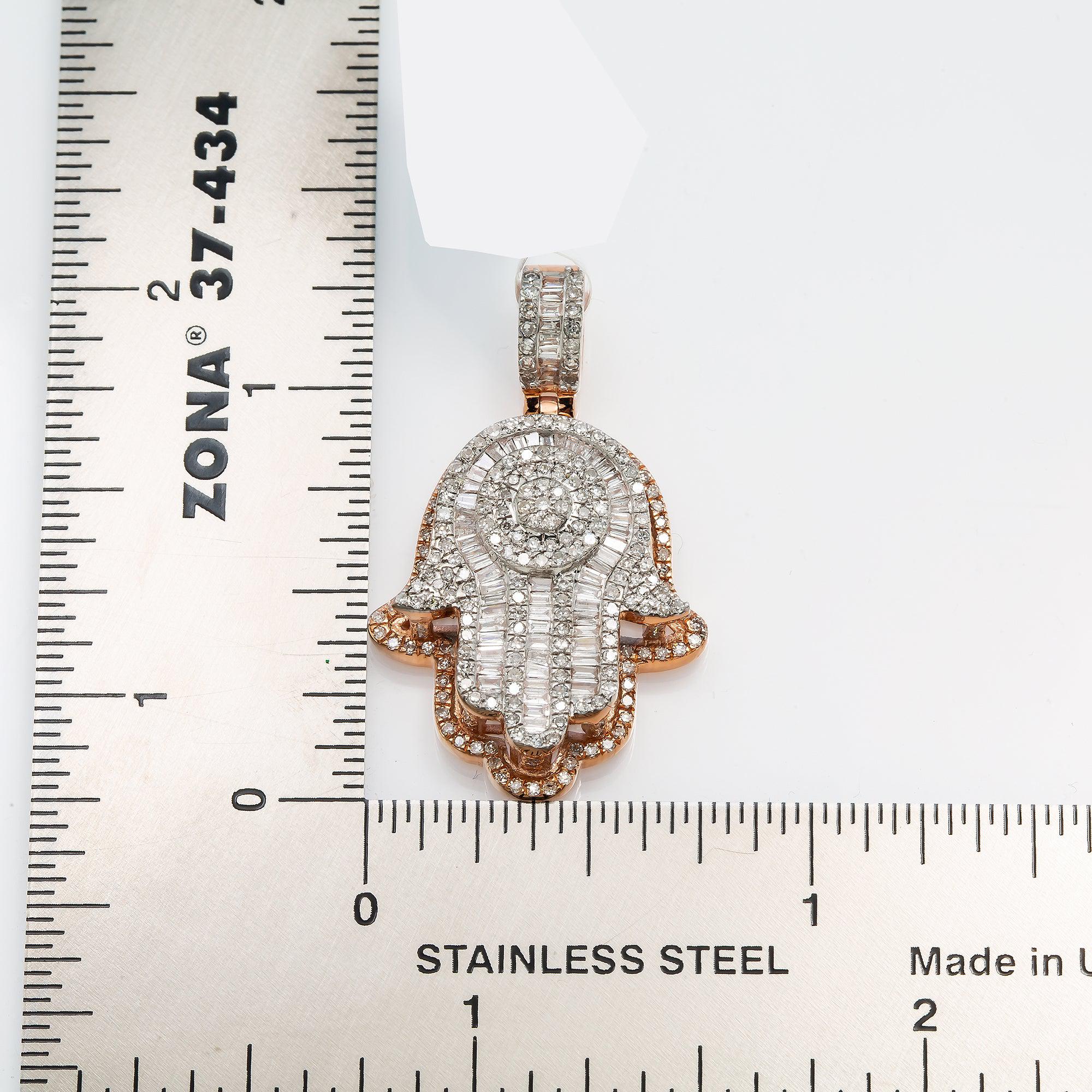 14K GOLD ROUND CLUSTER HAMSA PENDANT 1 CT BAGUETTE DIAMOND FINGERS