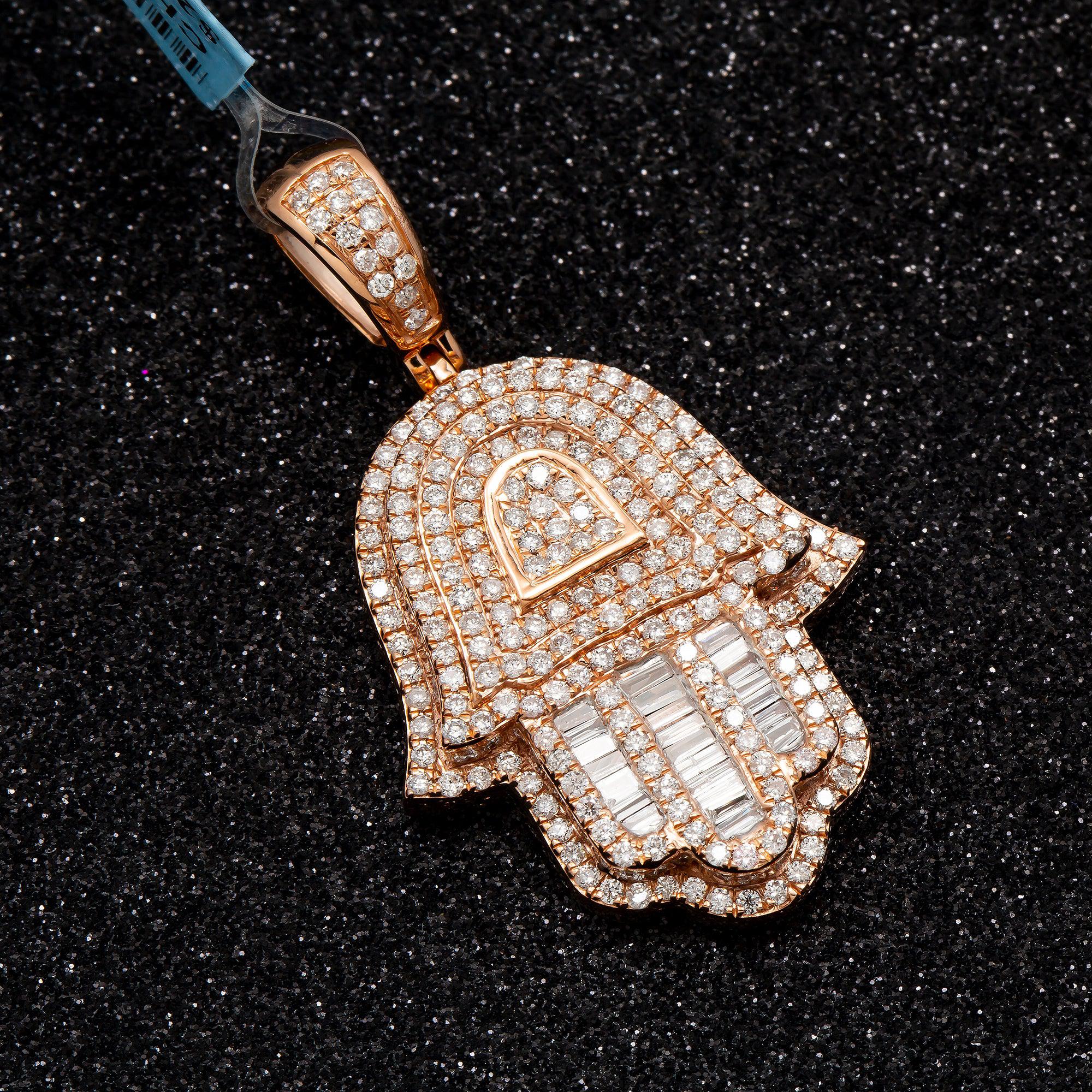 14K GOLD BAGUETTE DIAMOND HAMSA PENDANT 2.65 CT