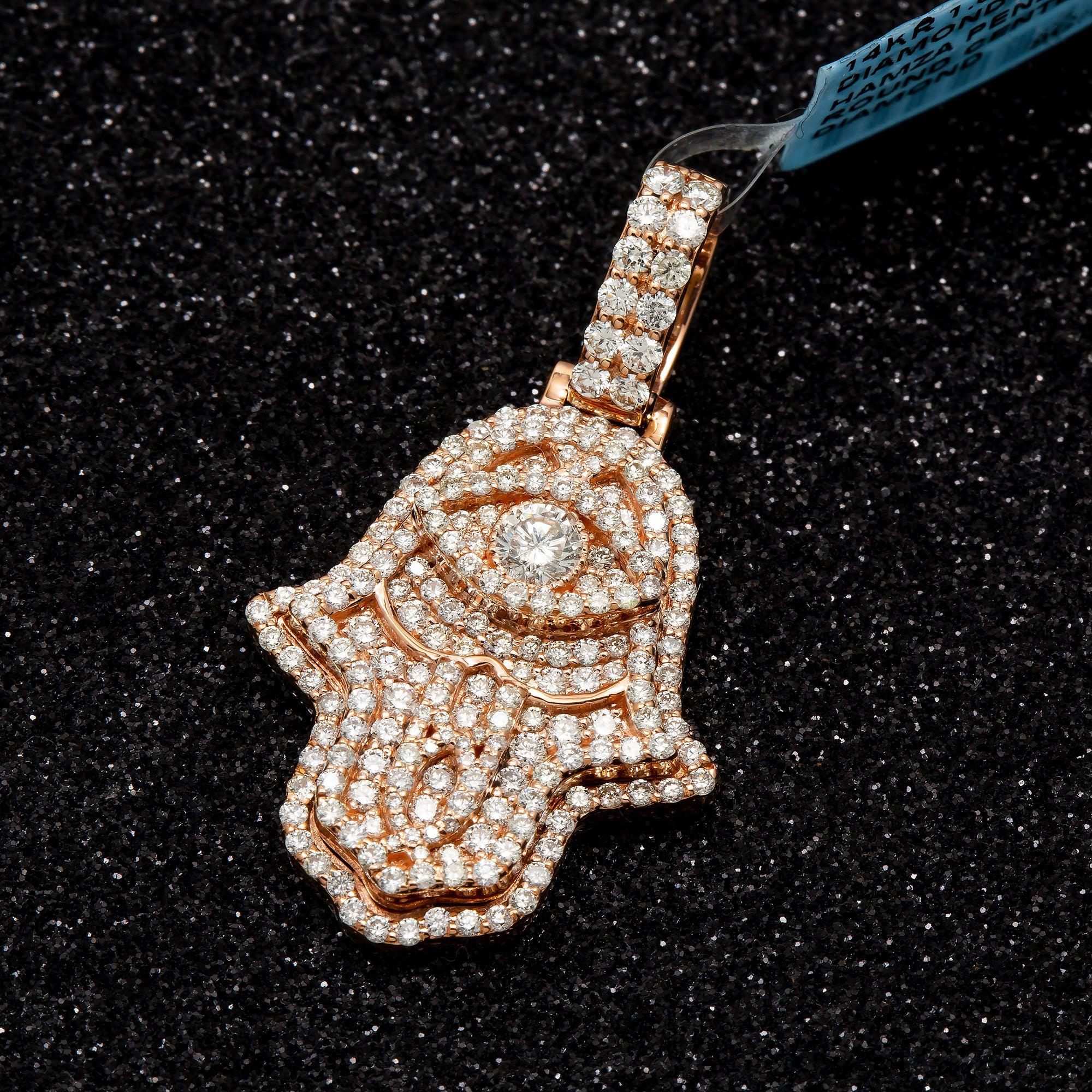 14K GOLD DIAMOND 3D HAMSA PENDANT 1.60 CT ROUND CUT CENTER