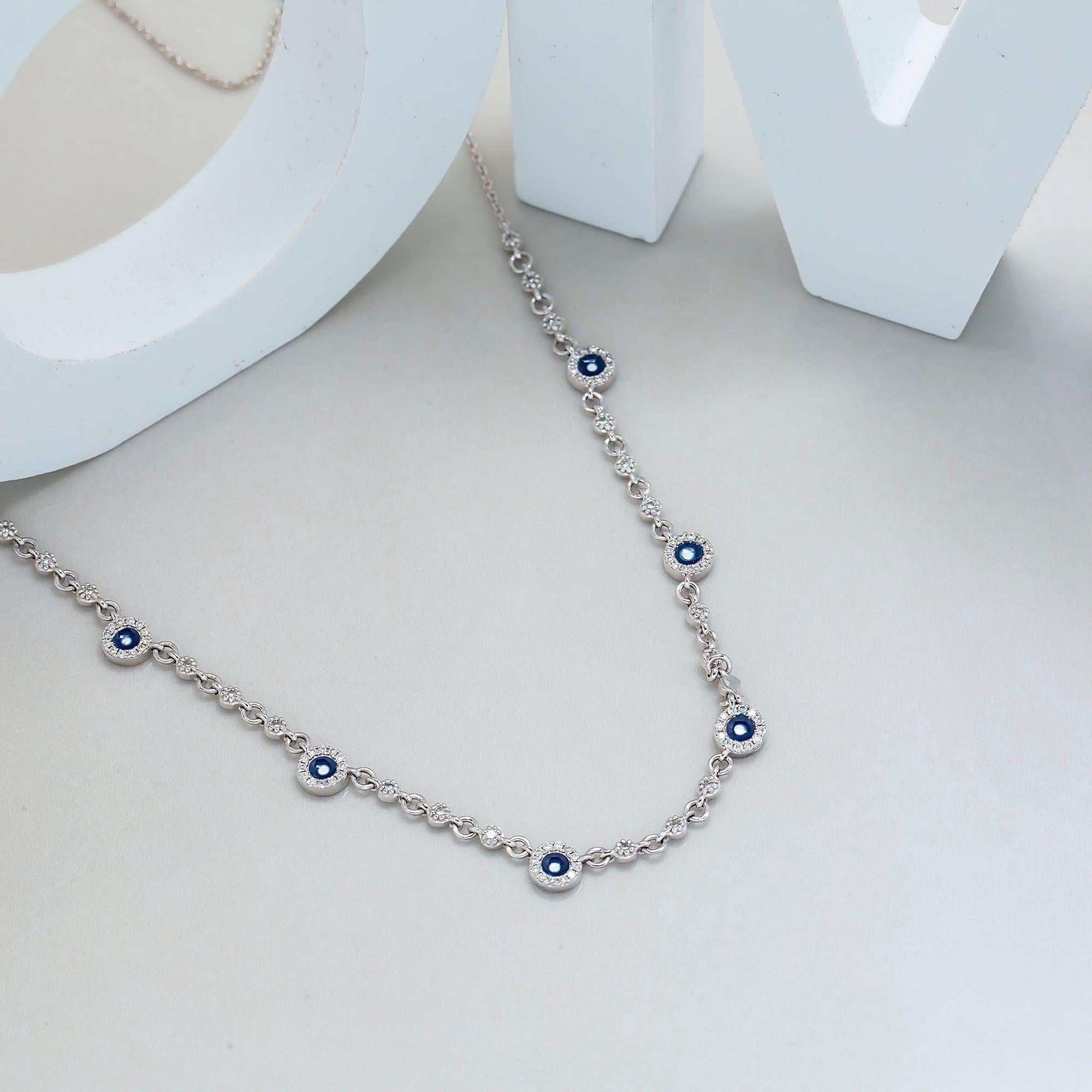 14K GOLD DIAMOND EVIL EYE WITH BLUE SAPPHIRE NECKLACE 0.60 CTW