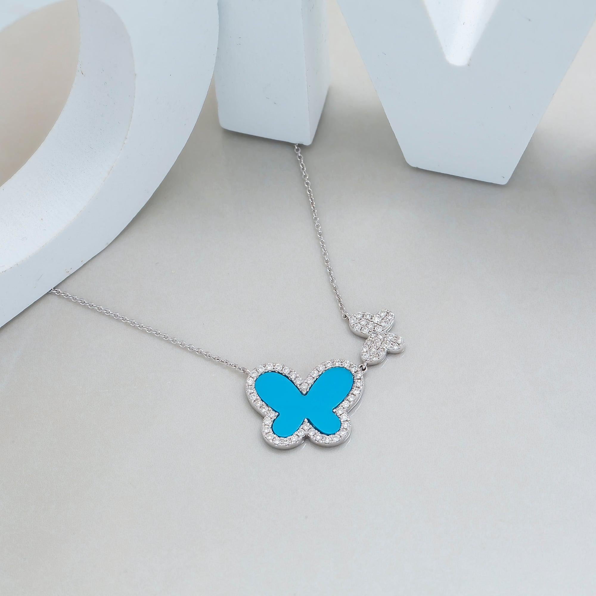 14K GOLD DIAMOND DOUBLE BUTTERFLY WITH TURQUOISE NECKLACE 1.16 CTW