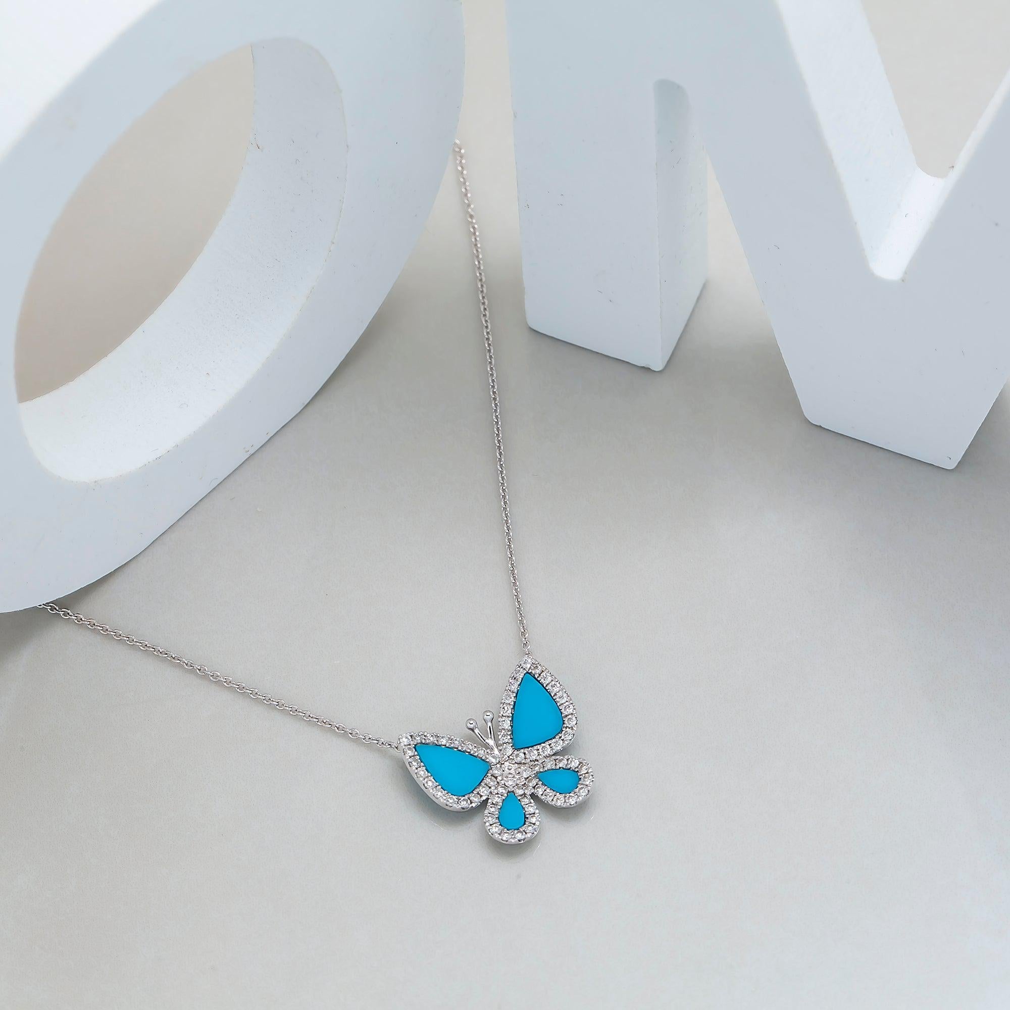 14K GOLD DIAMOND BUTTERFLY WITH TURQUOISE NECKLACE 0.62 CTW