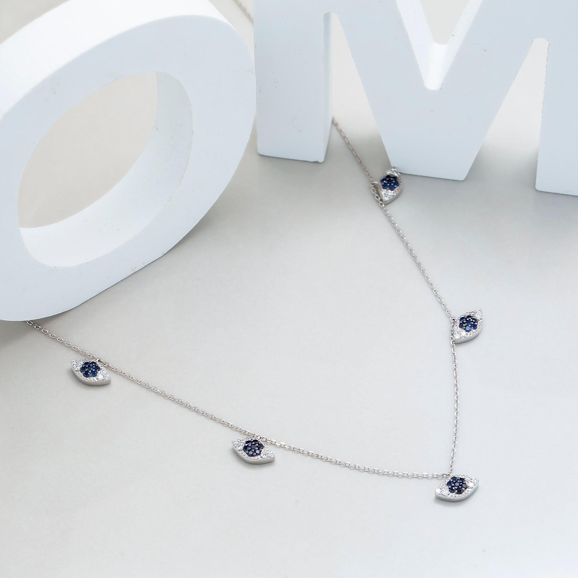 14K GOLD DIAMOND EVIL EYE WITH BLUE SAPPHIRE NECKLACE 0.66 CTW