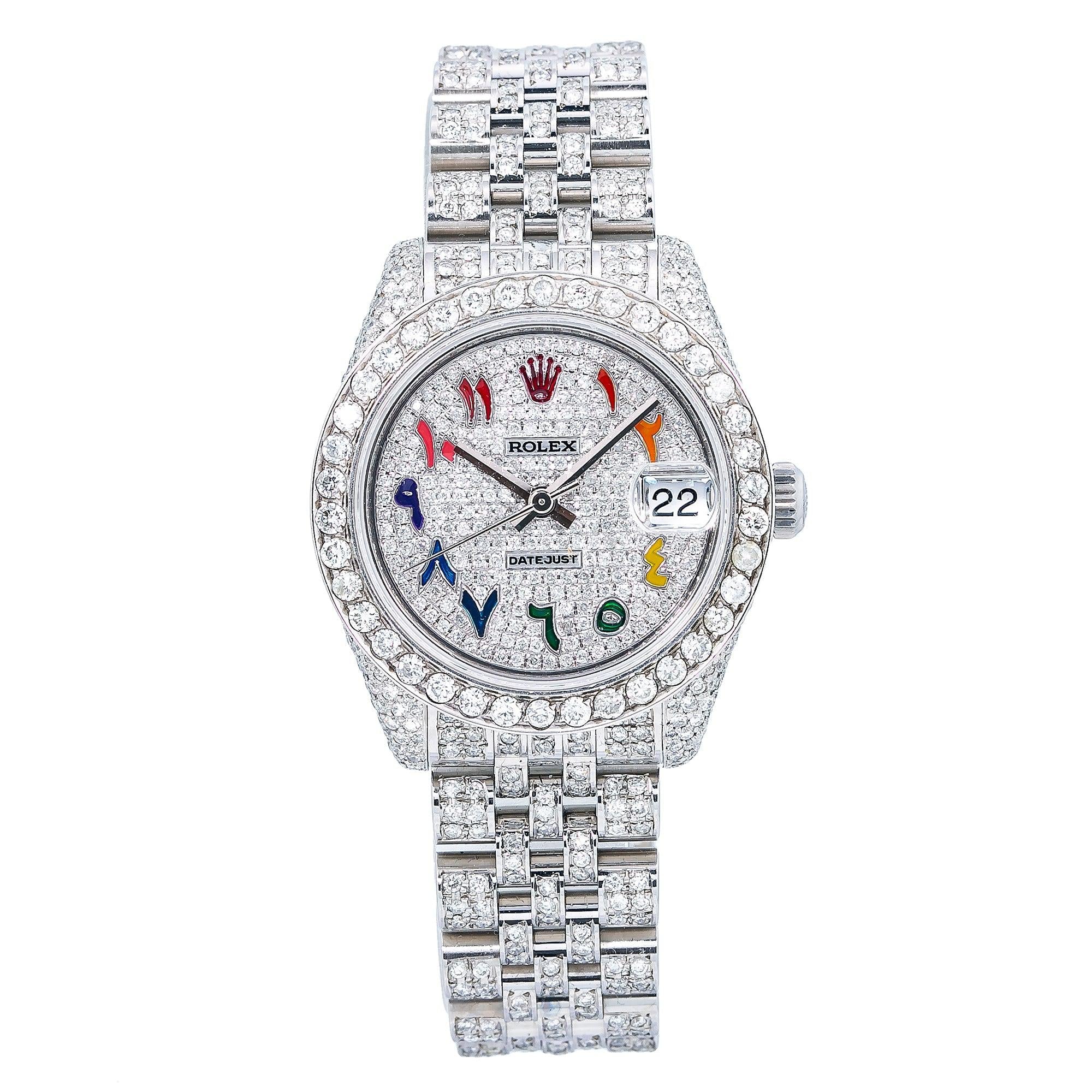 Rolex Datejust 31MM 178240 Diamond Paved Rainbow Eastern Arabic Dial Diamond Bezel Full Diamond Oyster Bracelet