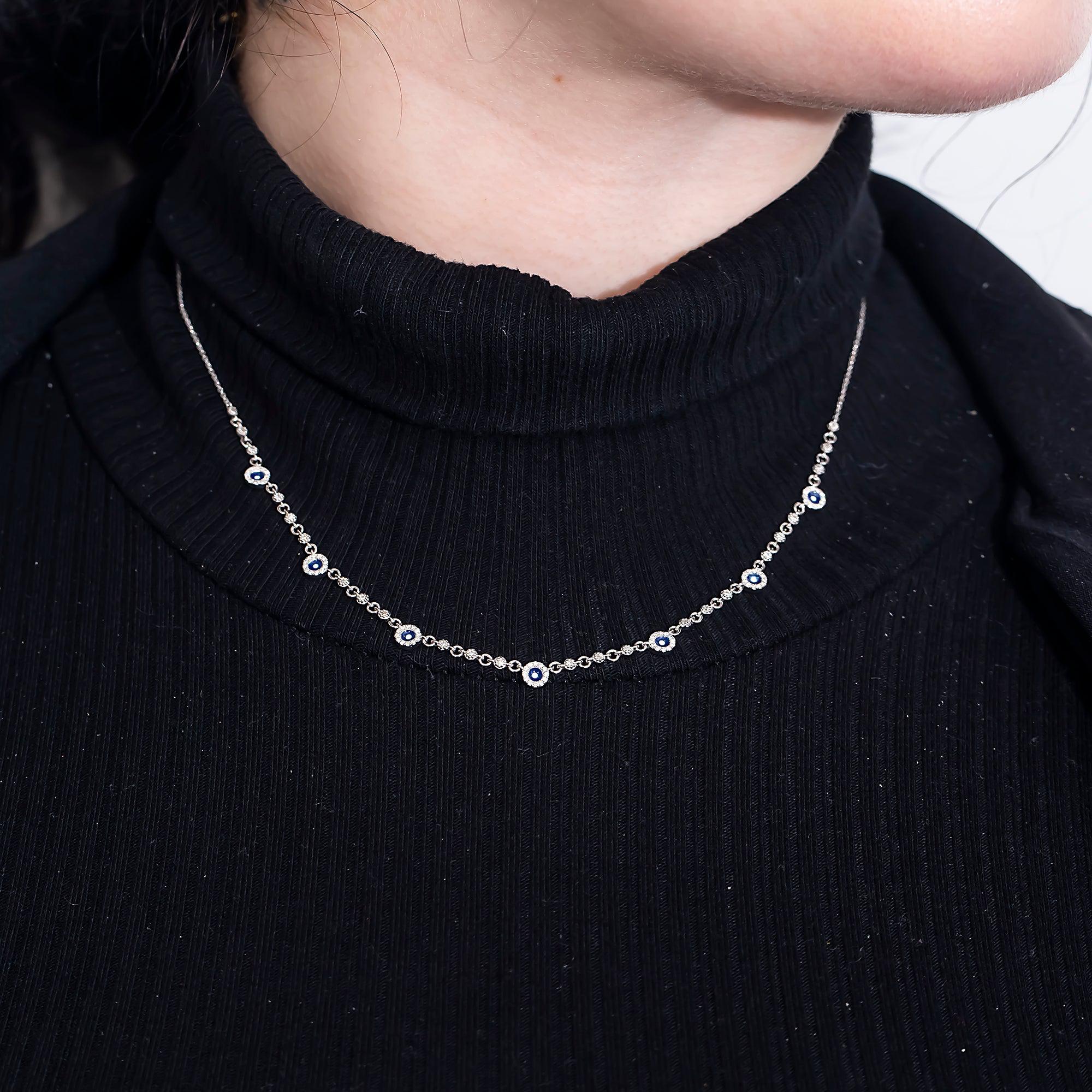 14K GOLD DIAMOND EVIL EYE WITH BLUE SAPPHIRE NECKLACE 0.60 CTW