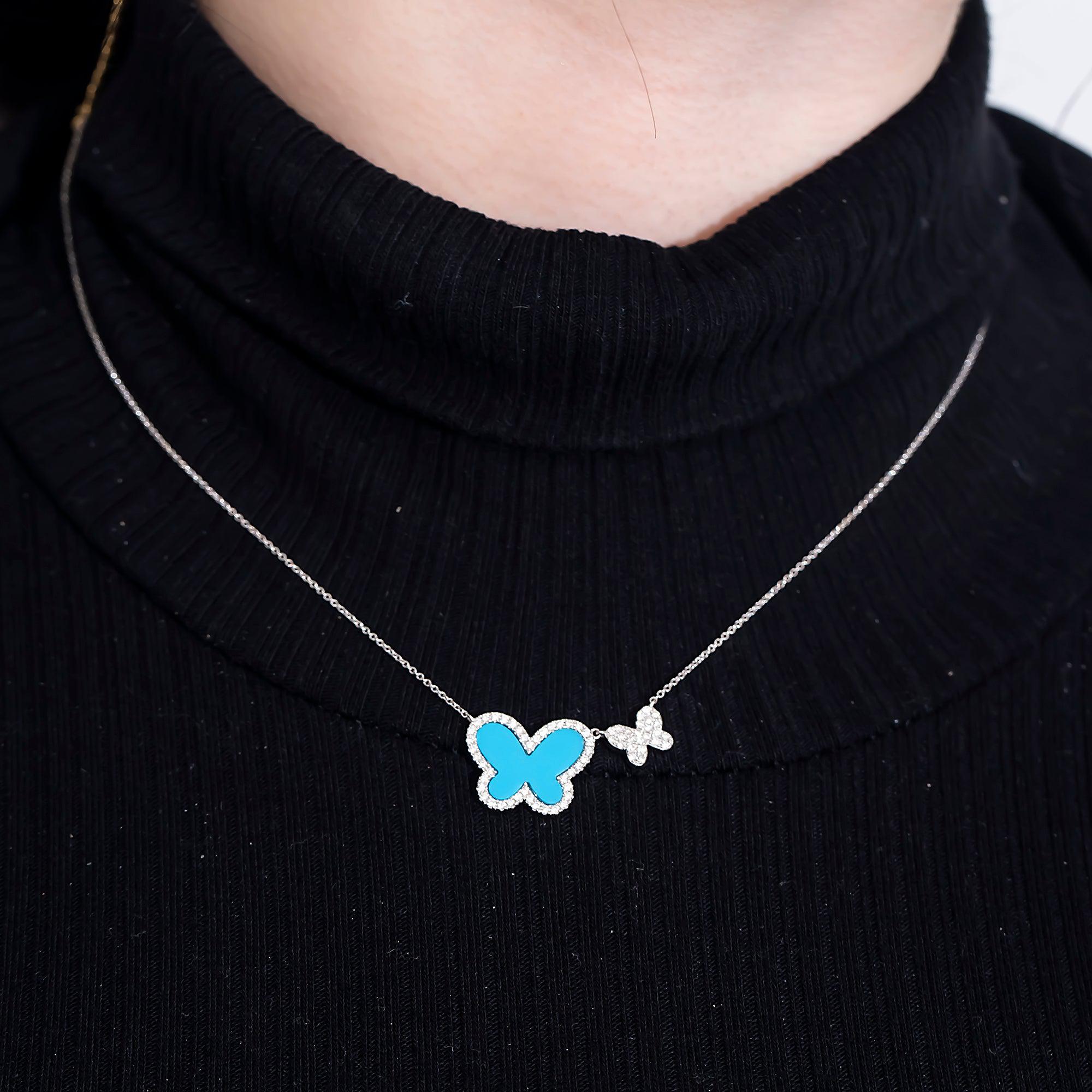 14K GOLD DIAMOND DOUBLE BUTTERFLY WITH TURQUOISE NECKLACE 1.16 CTW