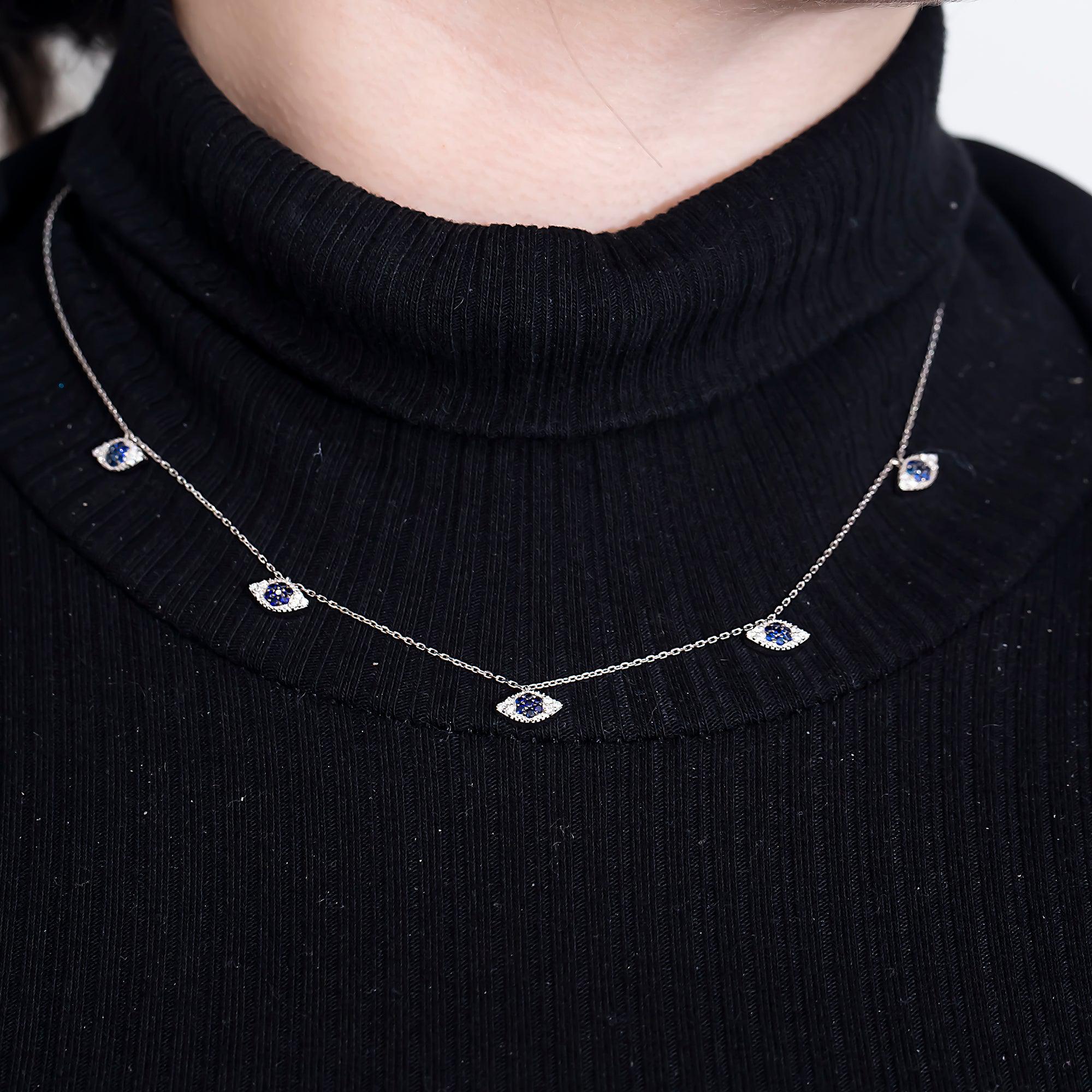 14K GOLD DIAMOND EVIL EYE WITH BLUE SAPPHIRE NECKLACE 0.66 CTW