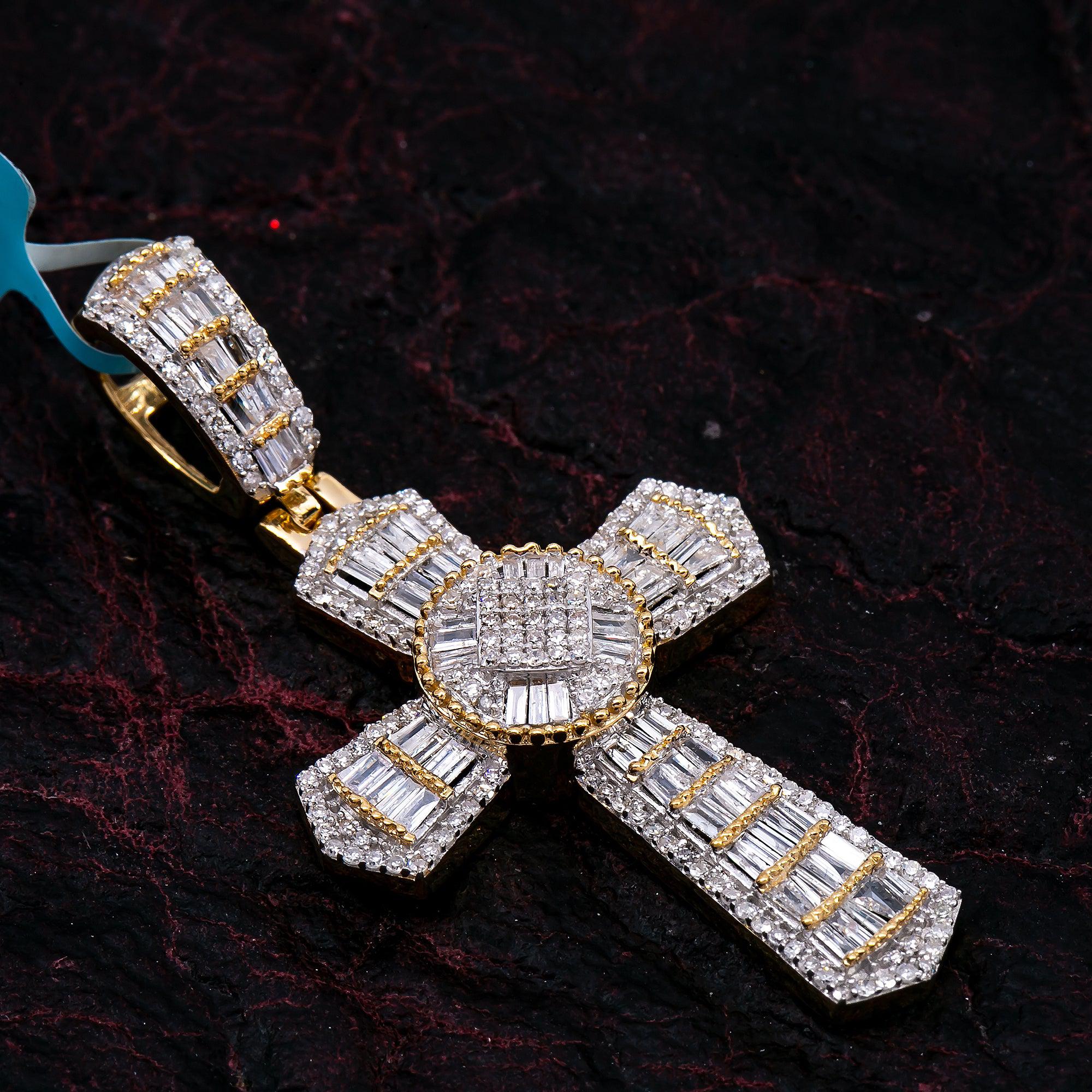 Unisex 14K Yellow Gold Cross Pendant with 1.25 CT Diamonds