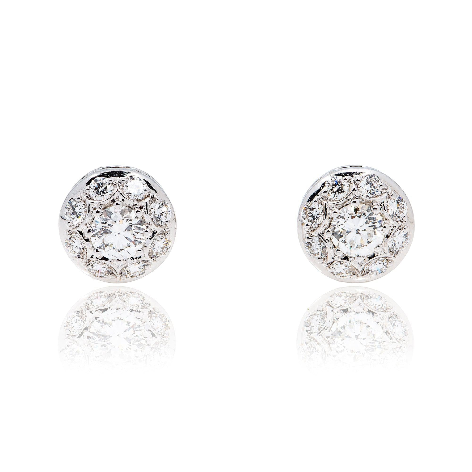 18K White Gold Unisex Earrings With Round Shape 1.19 CT Diamonds