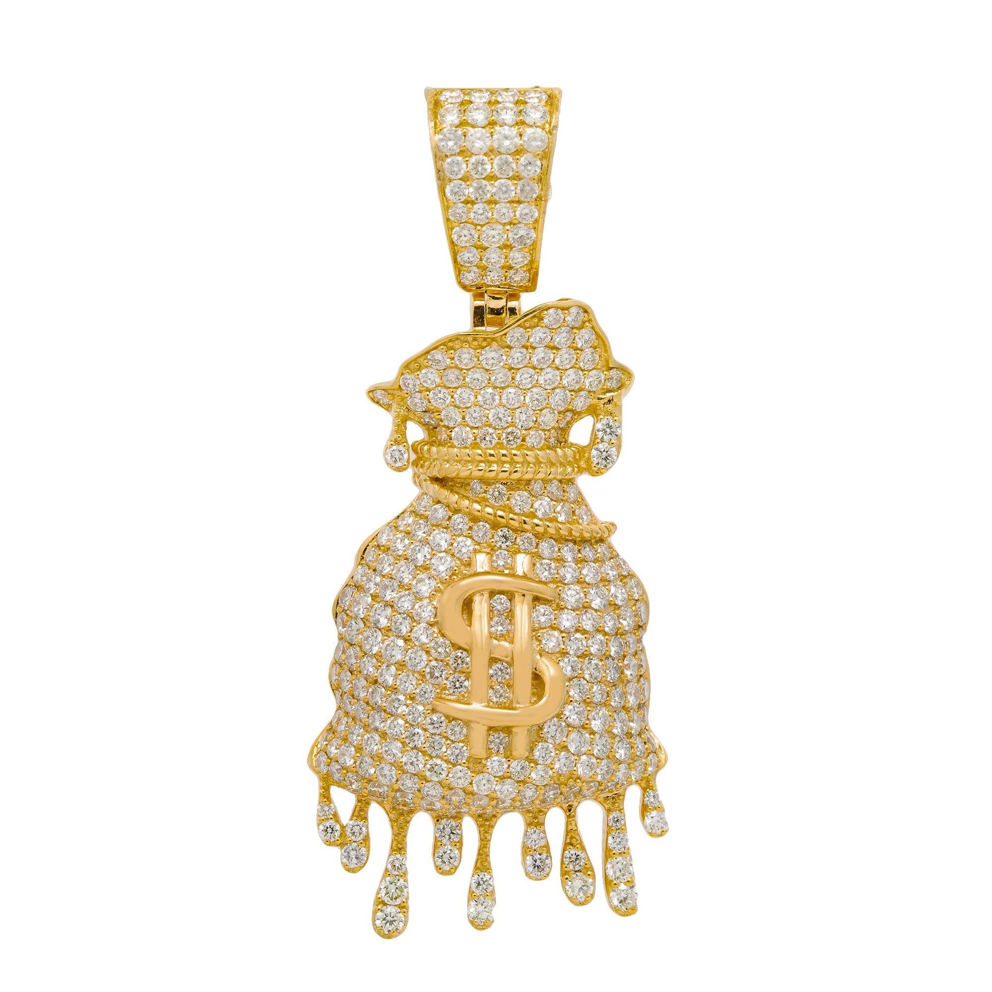 14K GOLD DIAMOND DRIPPING MONEY BAG PENDANT 3.75 CT