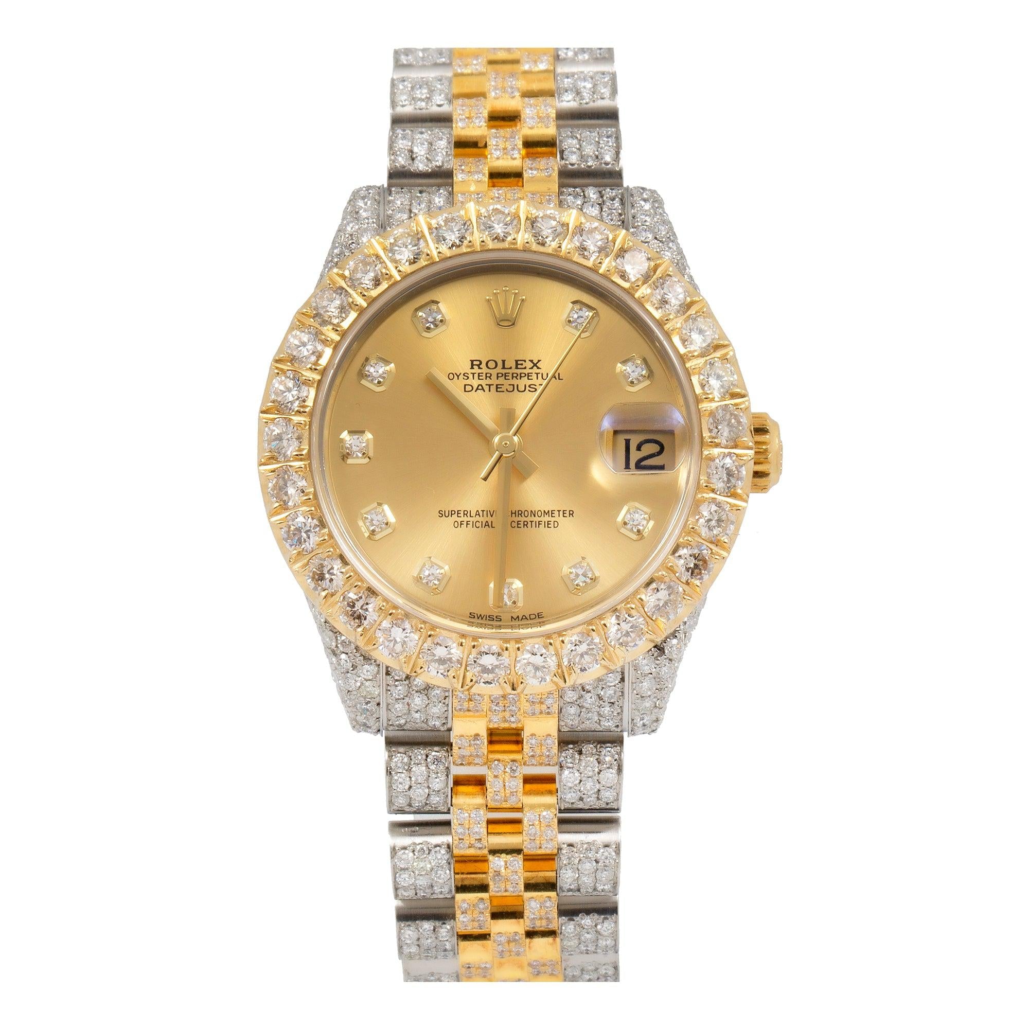 Rolex Datejust 31MM 178273 Champagne Diamond Dial Diamond Bezel Two Tone Full Diamond Jubilee Bracelet 8.45ct