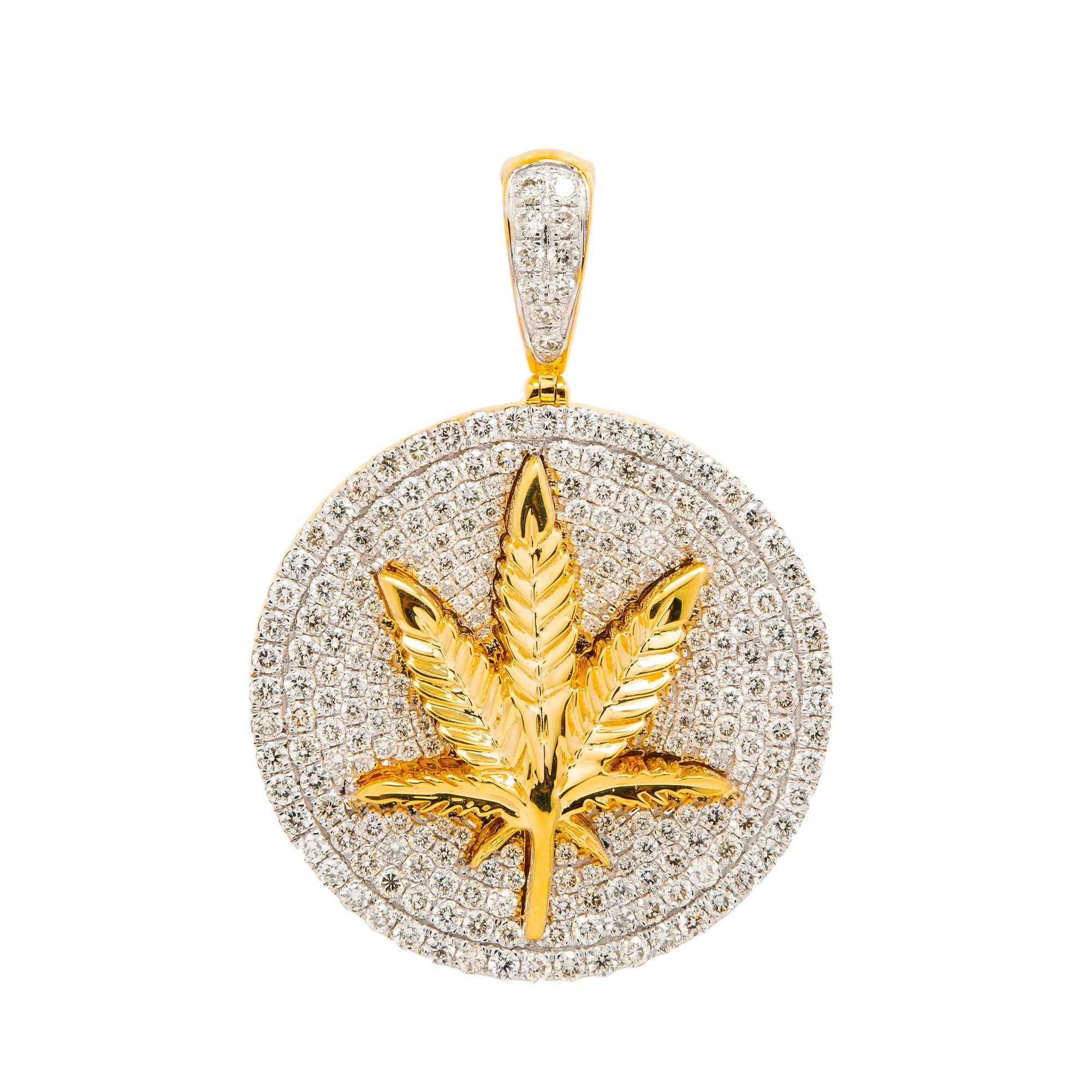 10K GOLD DIAMOND CANNABIS LEAF MEDALLION PENDANT 2.15 CT