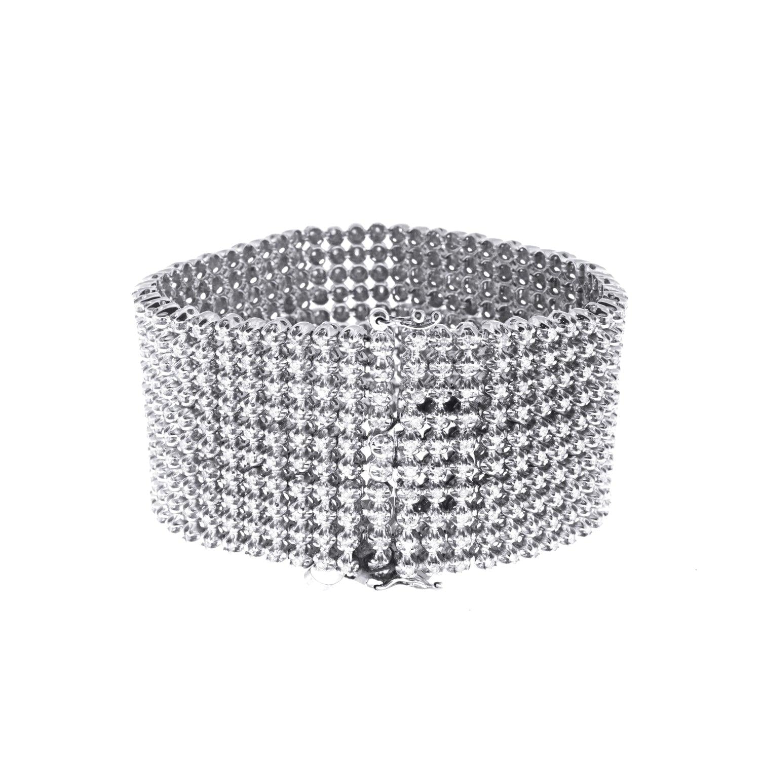 14K White Gold Ten Row Diamond Bracelet with 10CT Of Round Cut Diamonds All The Way Through