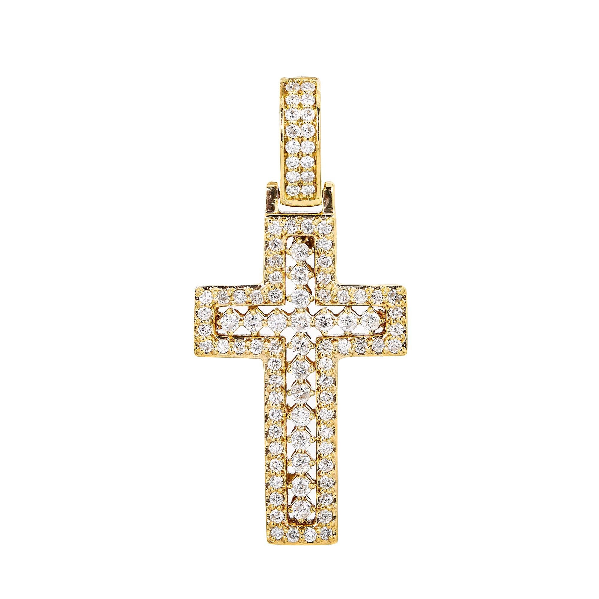 Unisex 14K Yellow Gold Cross Pendant with 1.61 CT Diamonds