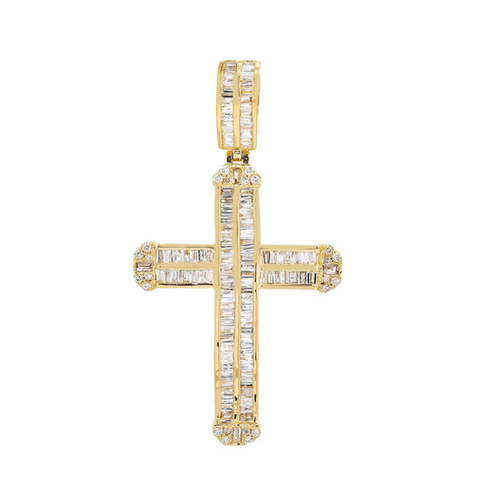 Unisex 14K Yellow Gold Cross Pendant with 1.38 CT Baguette Diamonds