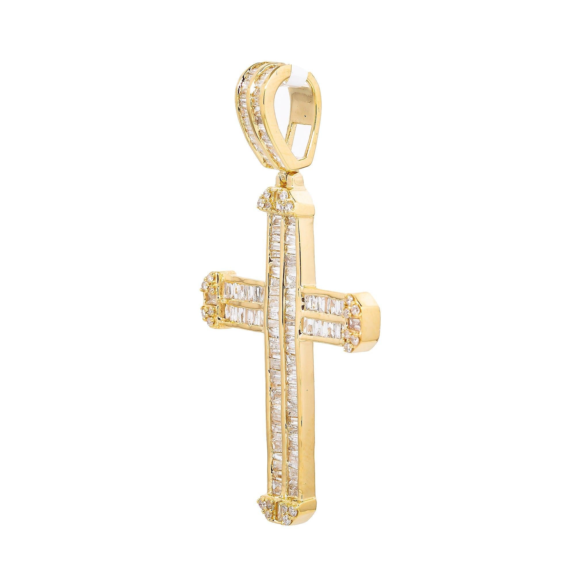 Unisex 14K Yellow Gold Cross Pendant with 1.38 CT Baguette Diamonds