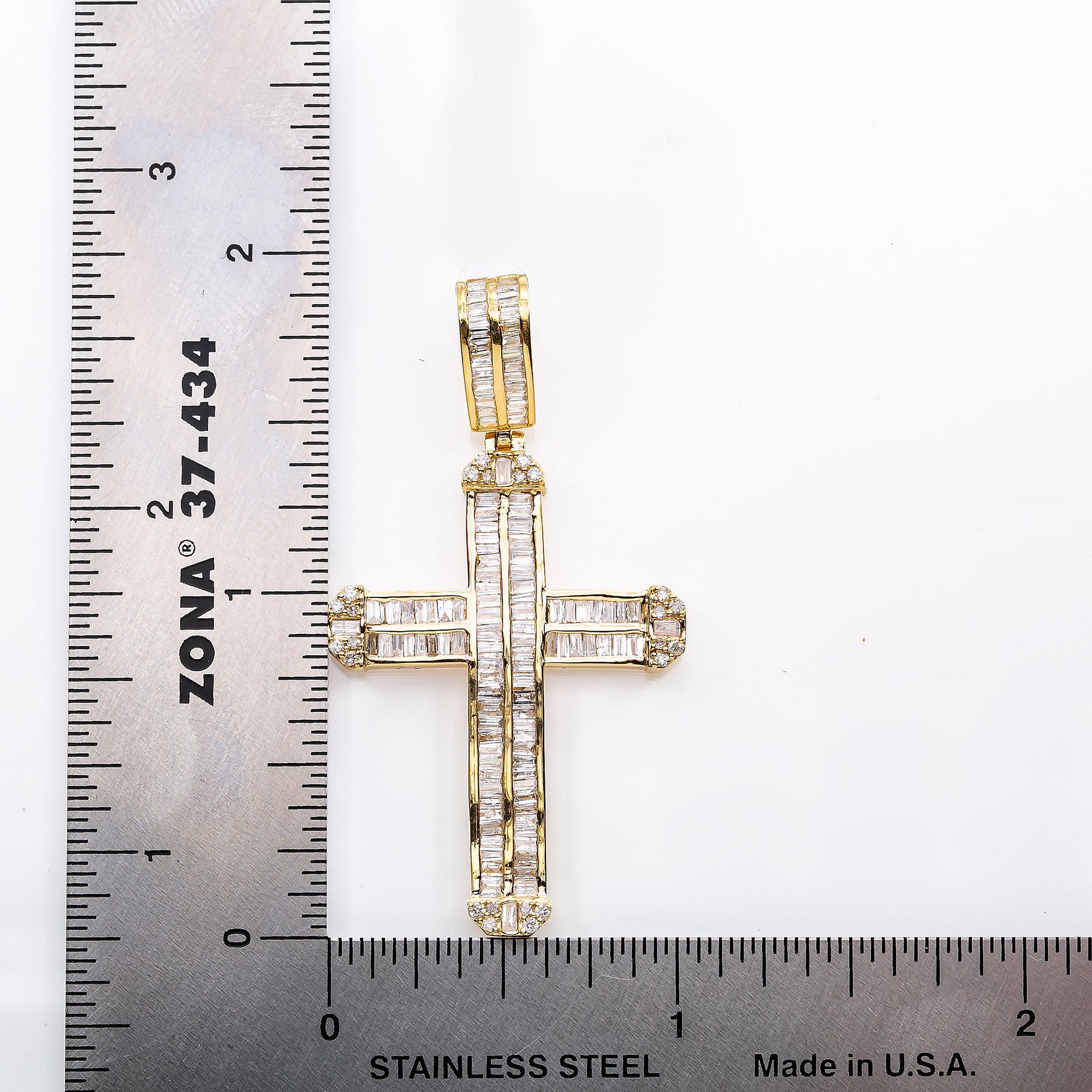 Unisex 14K Yellow Gold Cross Pendant with 1.38 CT Baguette Diamonds