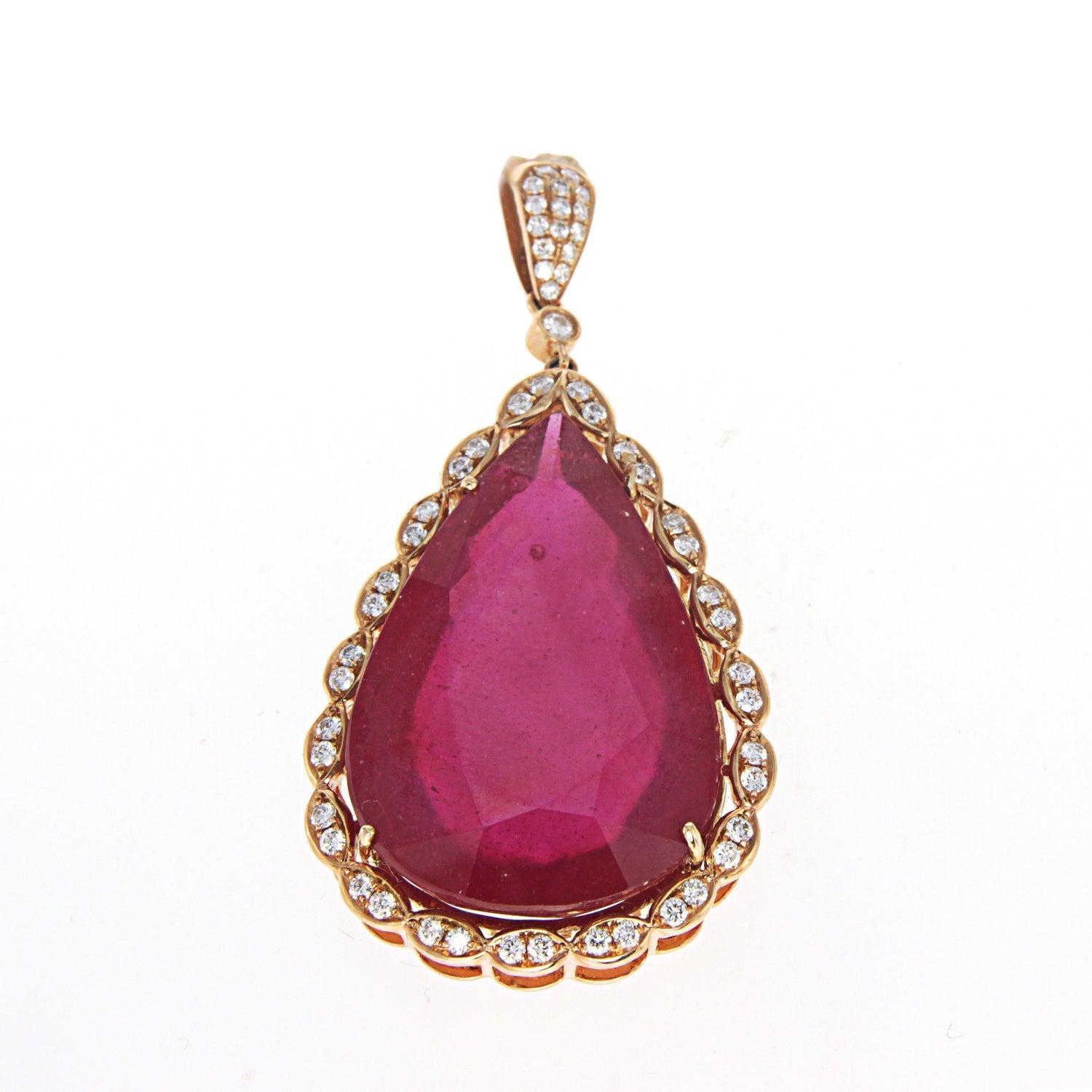 Ladies Rose Gold Pendant with Diamonds and Pear Shaped Ruby Center