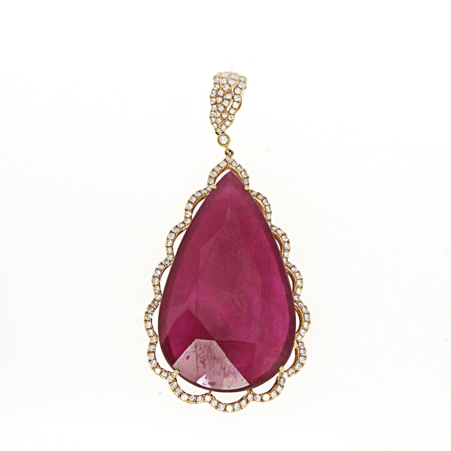 Ladies Rose Gold Pendant with Diamonds and Pear Shaped Ruby Center