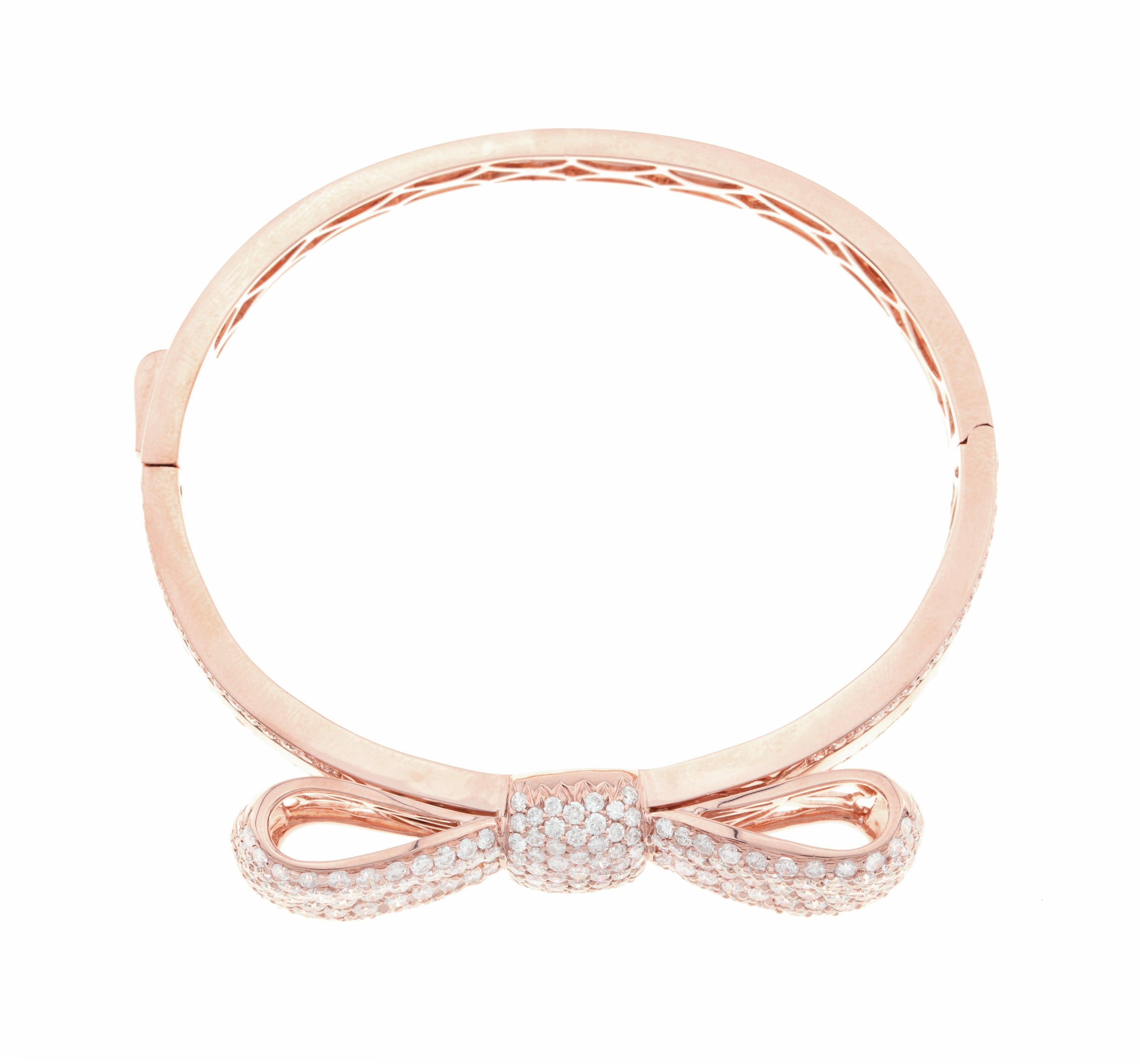 18K Rose Gold Diamond Bow Design Bangle With Round Cut Diamonds 7.84CT