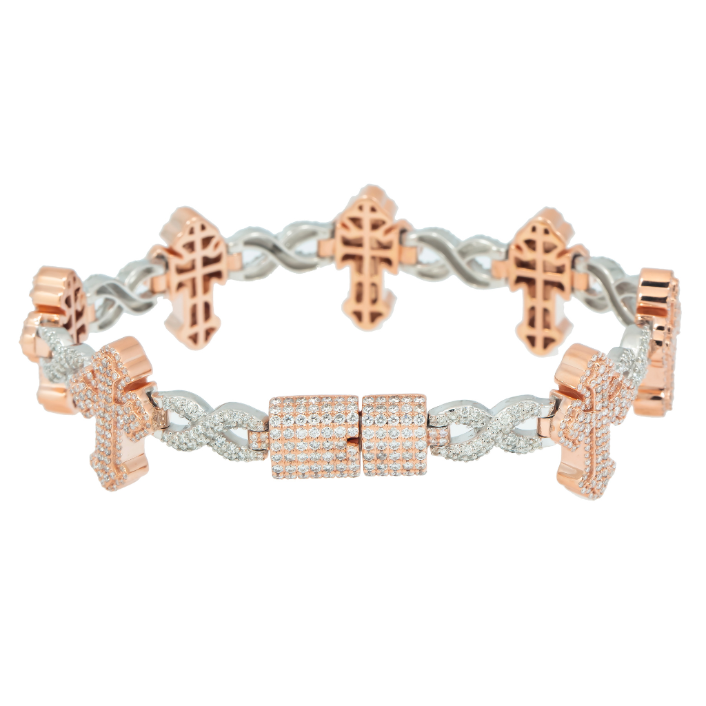 10K GOLD ROUND DIAMONDS TWO TONE CROSS INFINITY CHAIN BRACELET 7.26 CT