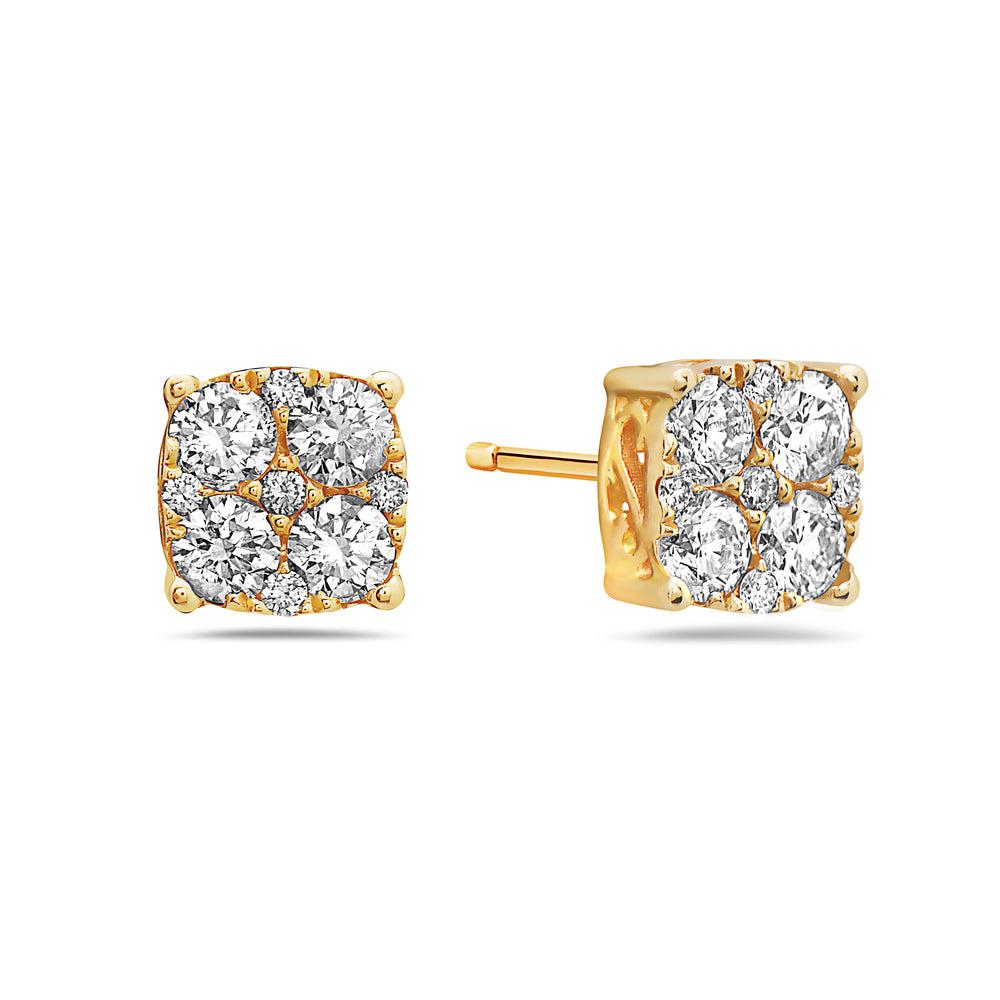 14K GOLD ROUND DIAMOND SQUARE SHAPE EARRINGS 1.55 CTW