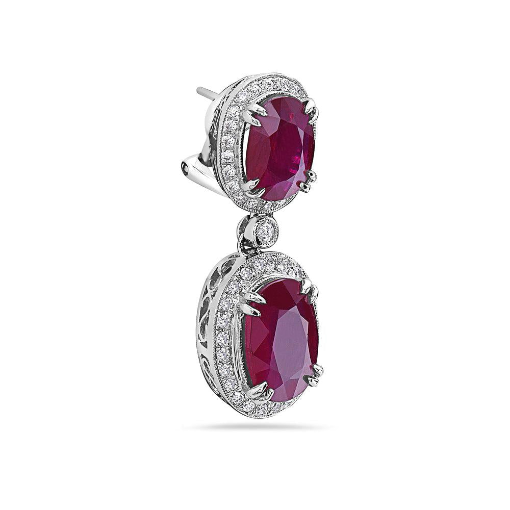 18K White Gold Ladies Round  Shaped  Earrings With Ruby And Diamonds