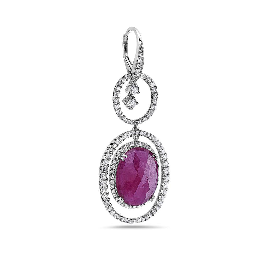 18K White Gold Ladies Round Shaped Earrings With Ruby And Diamonds
